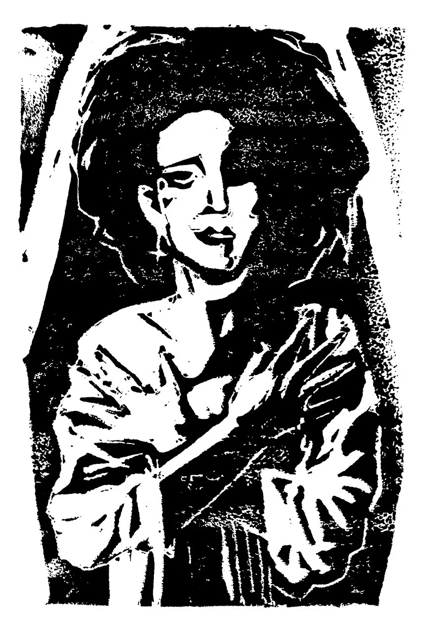 Revival, 4x6 Linocut Print
Description: A figure with big "bat cave goth" style hair reclines in a coffin with their hands crossed over their chest. They are dressed in a gown that is falling off one shoulder. They look up, smiling, as something leak