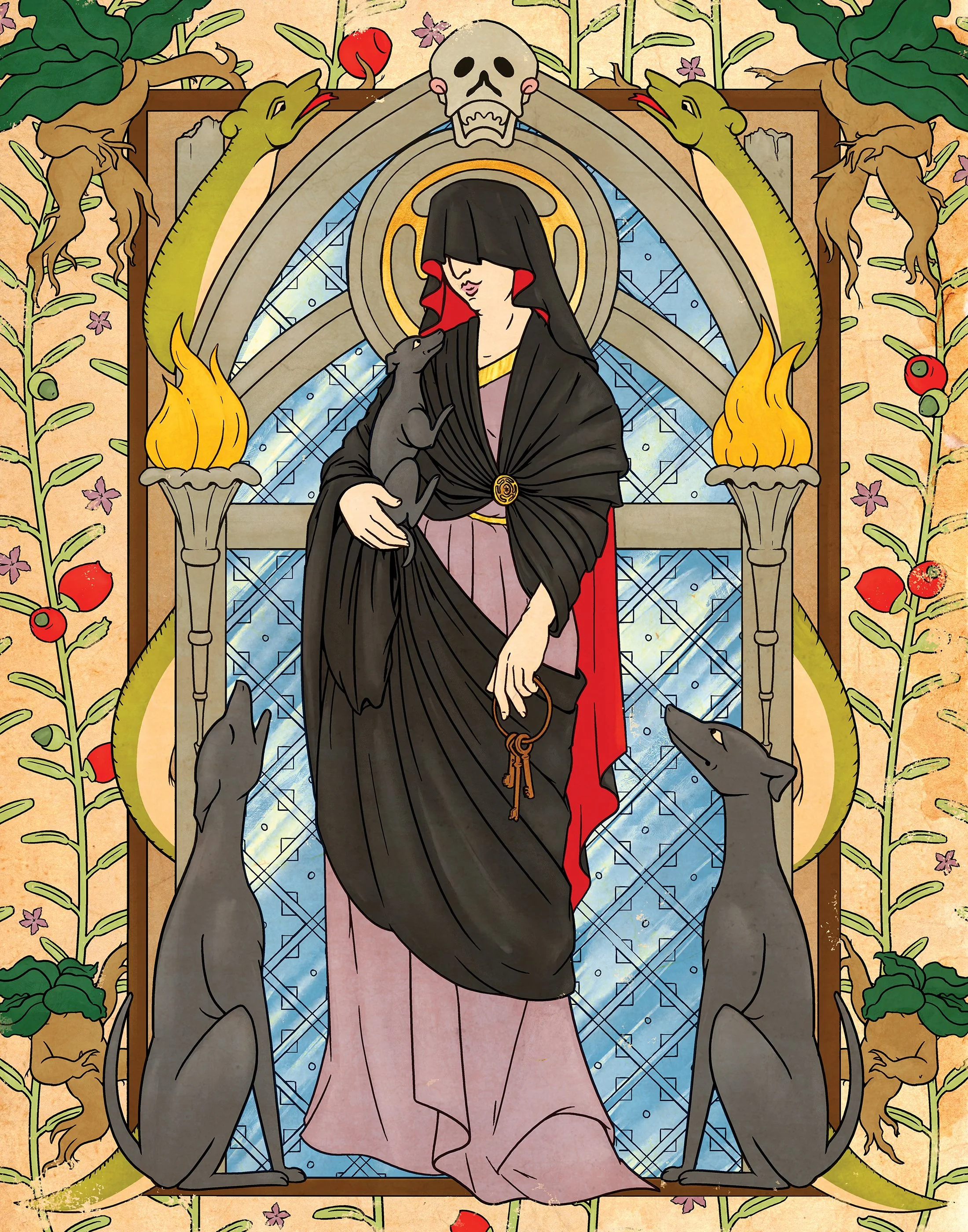 She Who Works Her Will
Digital Illustration
In a style inspired by illuminated manuscripts, the shrouded figure of Hekate stands in front of stone arches, a golden halo behind her. She is surrounded by two torches, two snakes, some mandrake plant fig