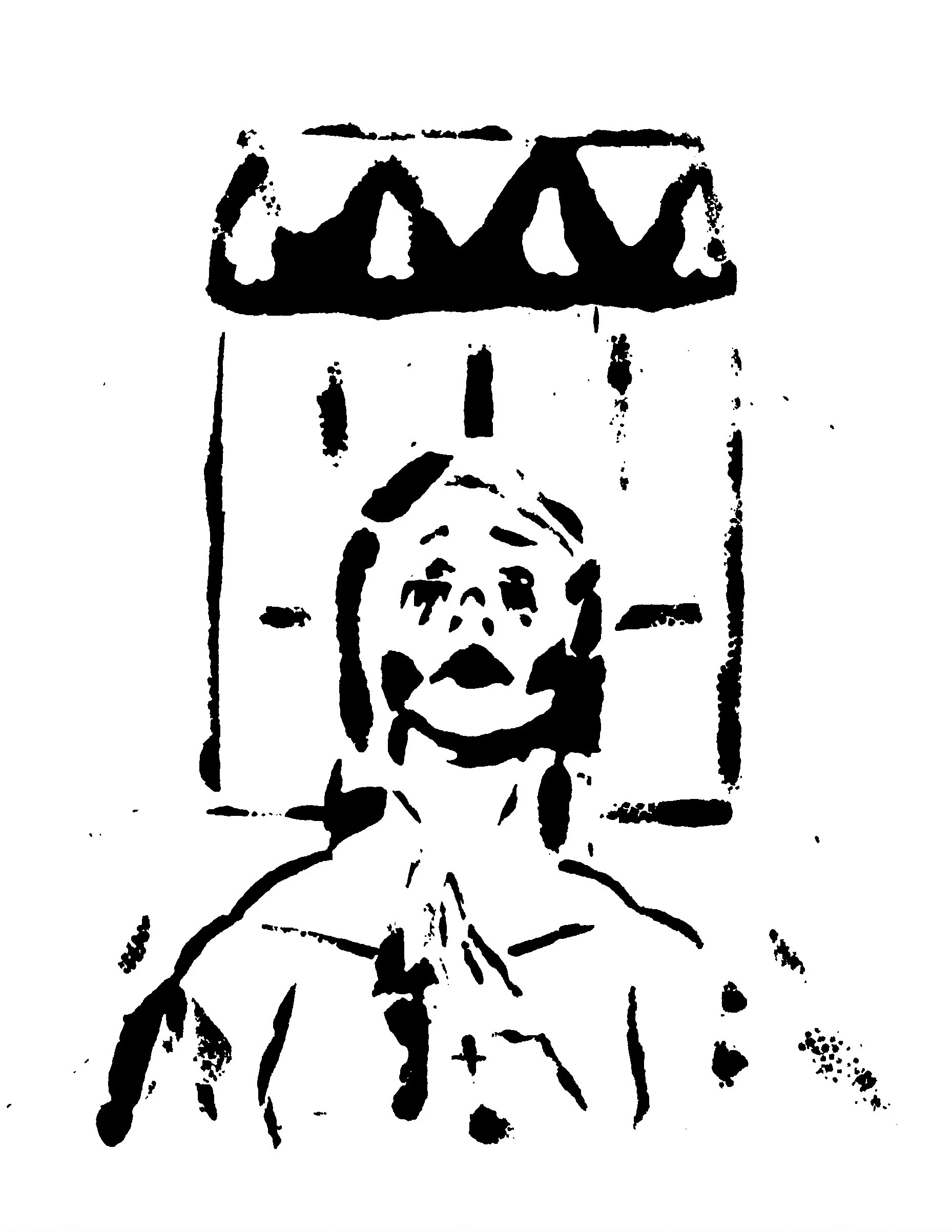 Judas, 8x10, Basketball and Cardboard Print with Ink on Cardstock
Description: A crying feminine figure clasps their hands in prayer, a rosary in hand, as they look upward. The cathedral window behind them has phallic shapes in the window.