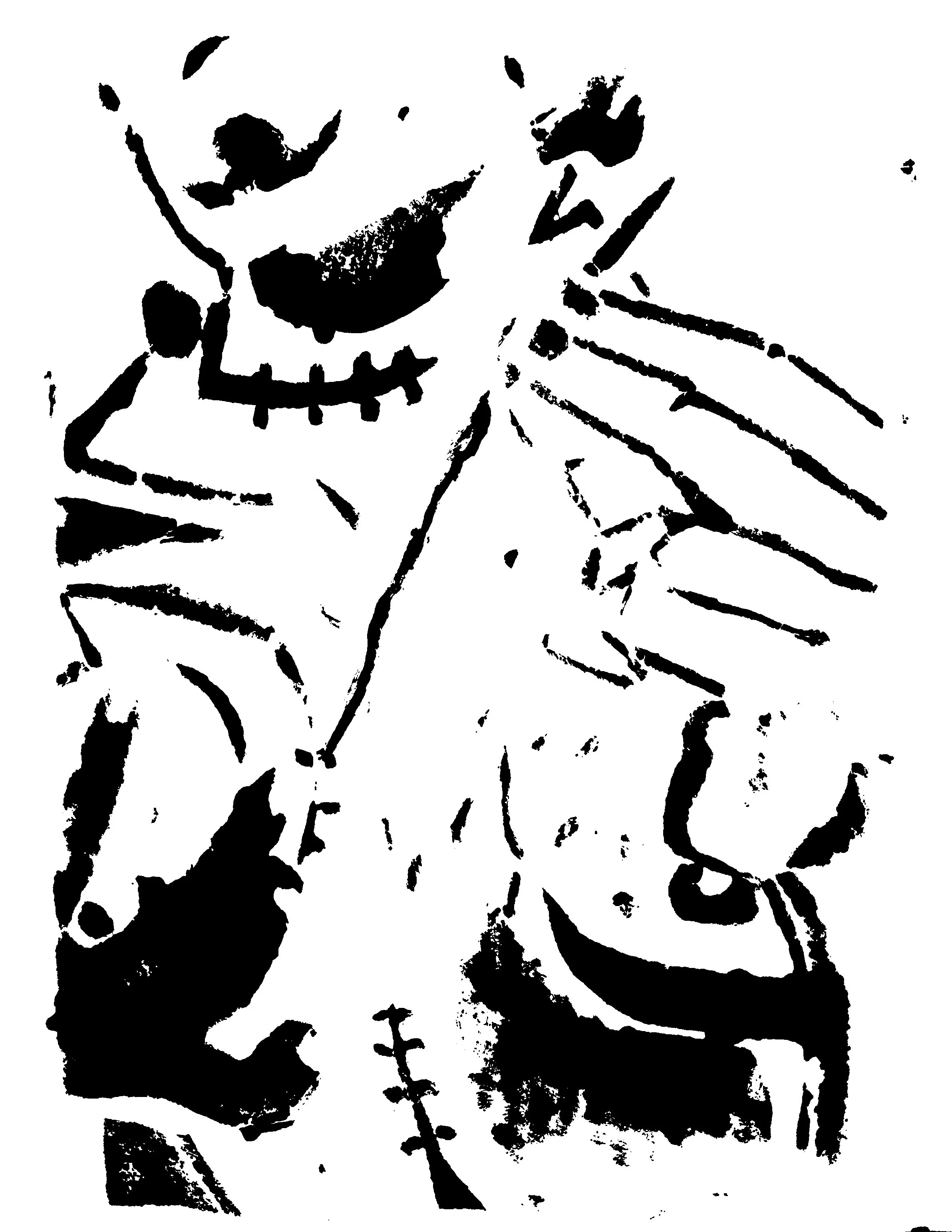 Alive, 8x10, Basketball and Cardboard Print with Acrylic on Cardstock
Description: Frankenstein's monster stitches a breast onto its own flat chest.