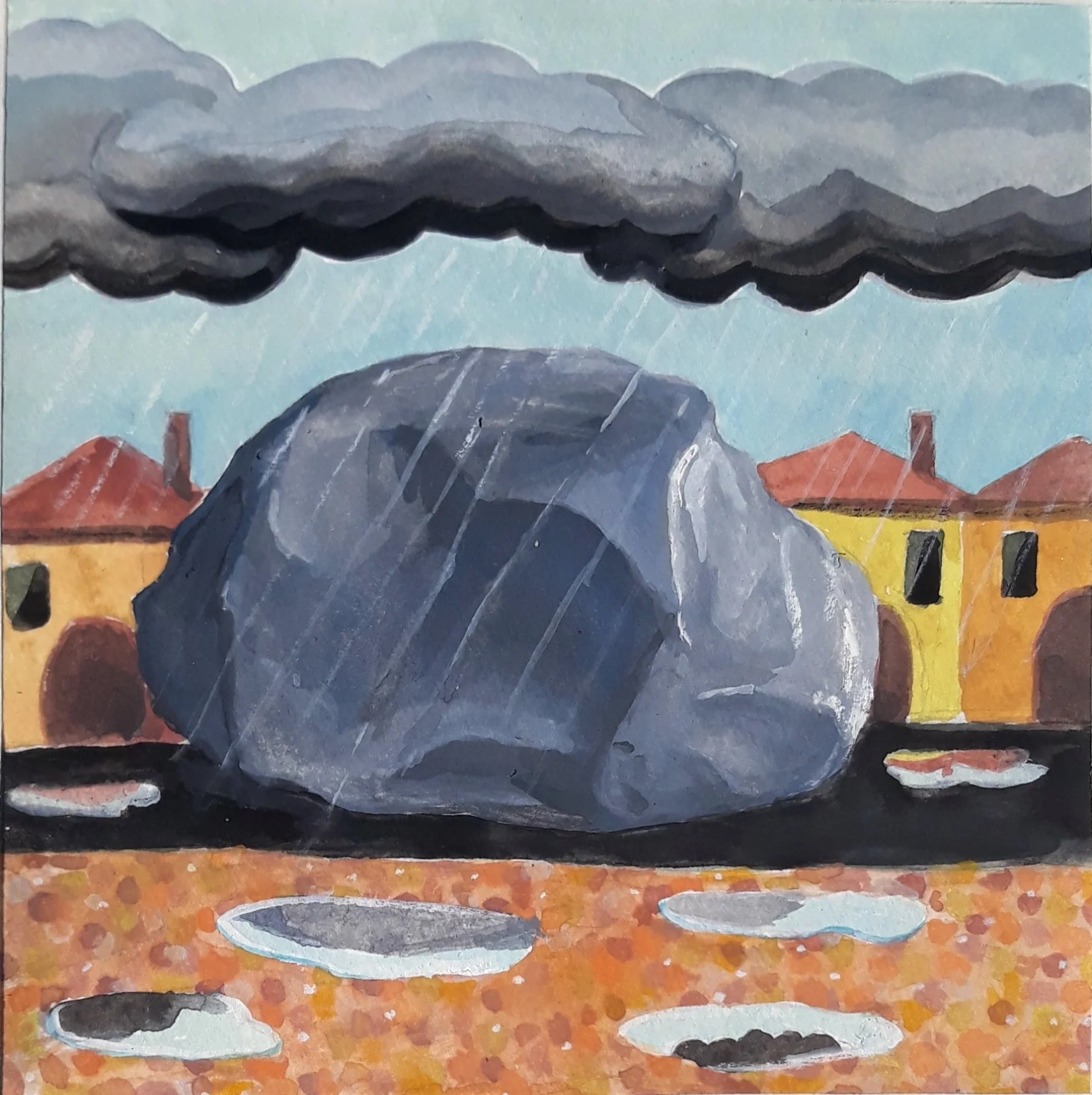 Road Block, 6"x6", Gouache