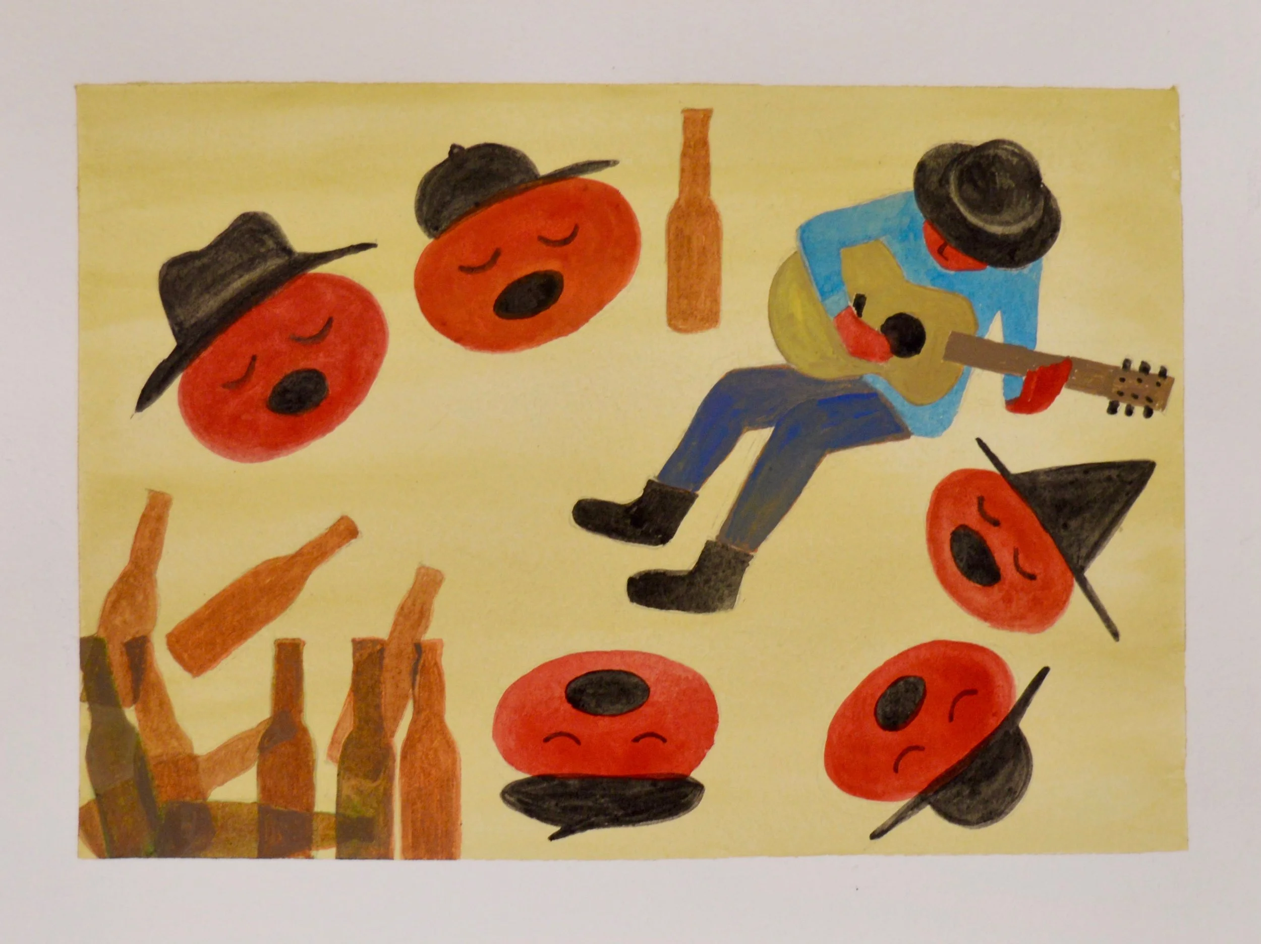 A Song About Hats and Asian Glow, 7"x10" Gouache