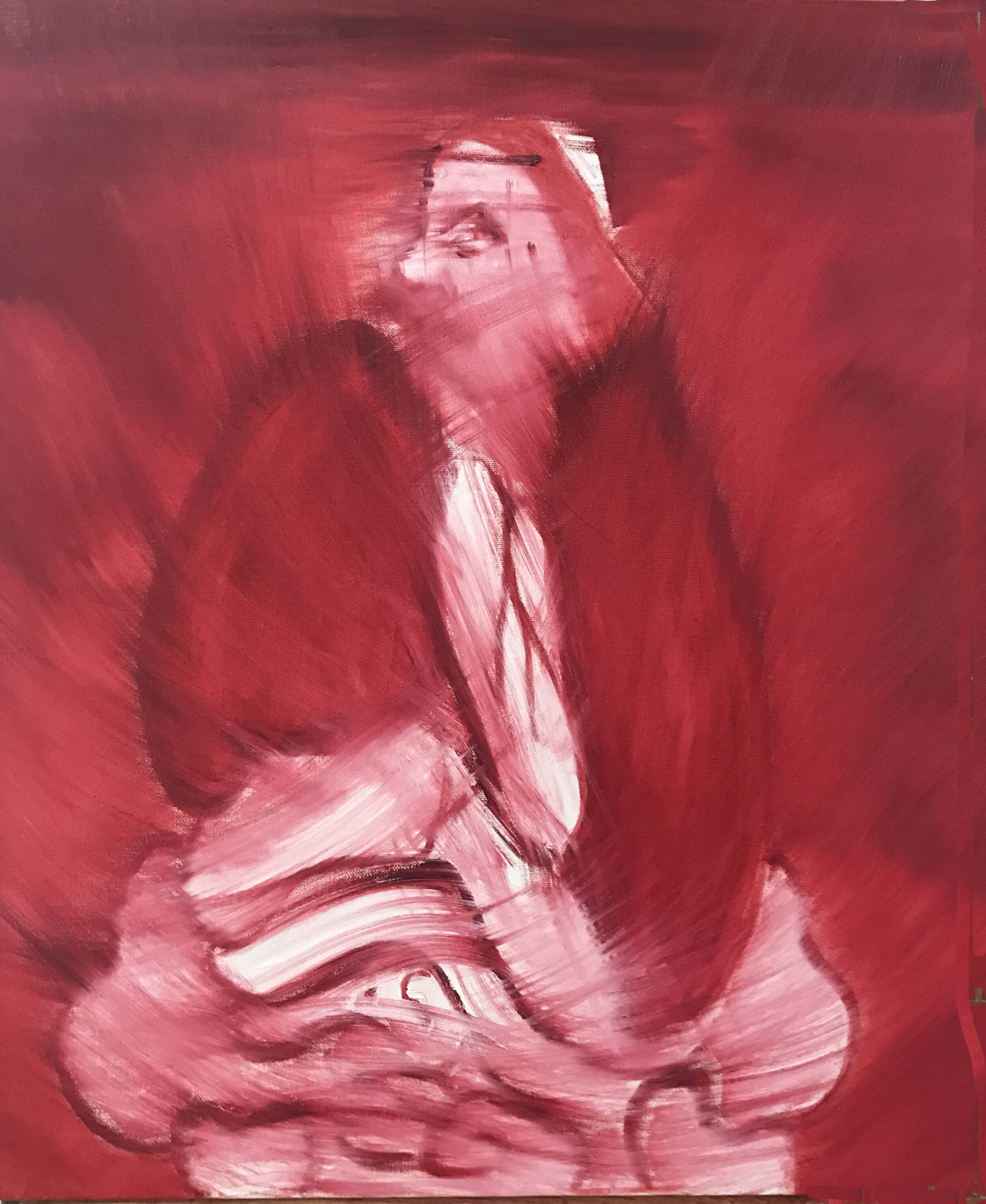 Love Lungs I, 2019, oil canvas, part of a diptych. Each canvas 30” x 24”
A figure is depicted not in a typical art historical way, but from the inside out. The figure is as if x-rayed to reveal its enlarged and out of control inner organs, movement