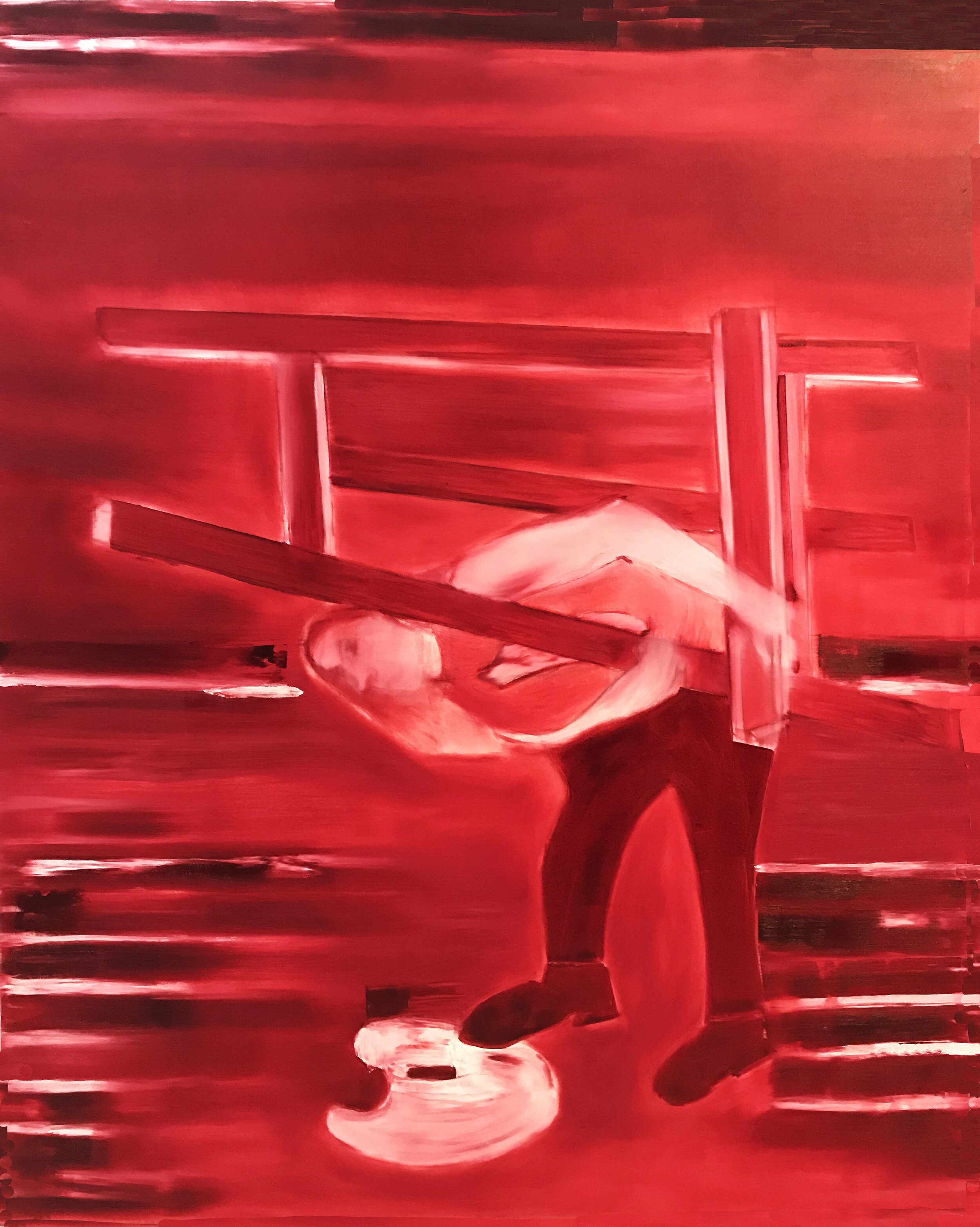 Self-Portrait with Heart, 2019, oil on canvas, 60” x 48”
A female persona, or "Christ like" figure, bearing a cross like easel, is represented in the role of an "artist figure." This is not your typical female role, but it is not a typical renderin