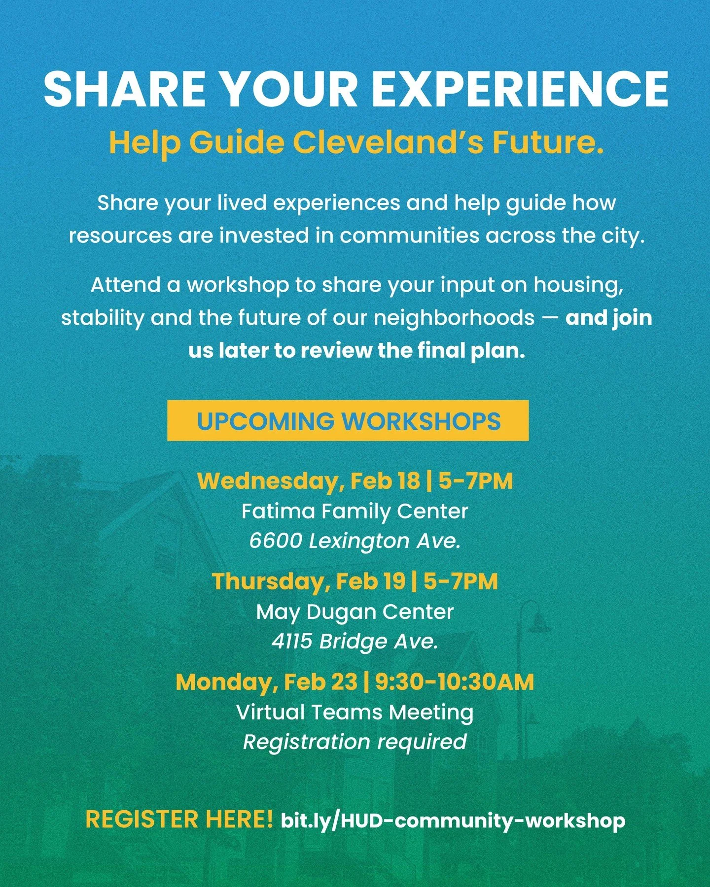 The @cityofcleveland&rsquo;s Department of Community Development is hosting public hearings to gather input on housing, homelessness, and community development priorities for our neighborhoods as part of the HUD Consolidated Plan.

In Person:
📅 2/18