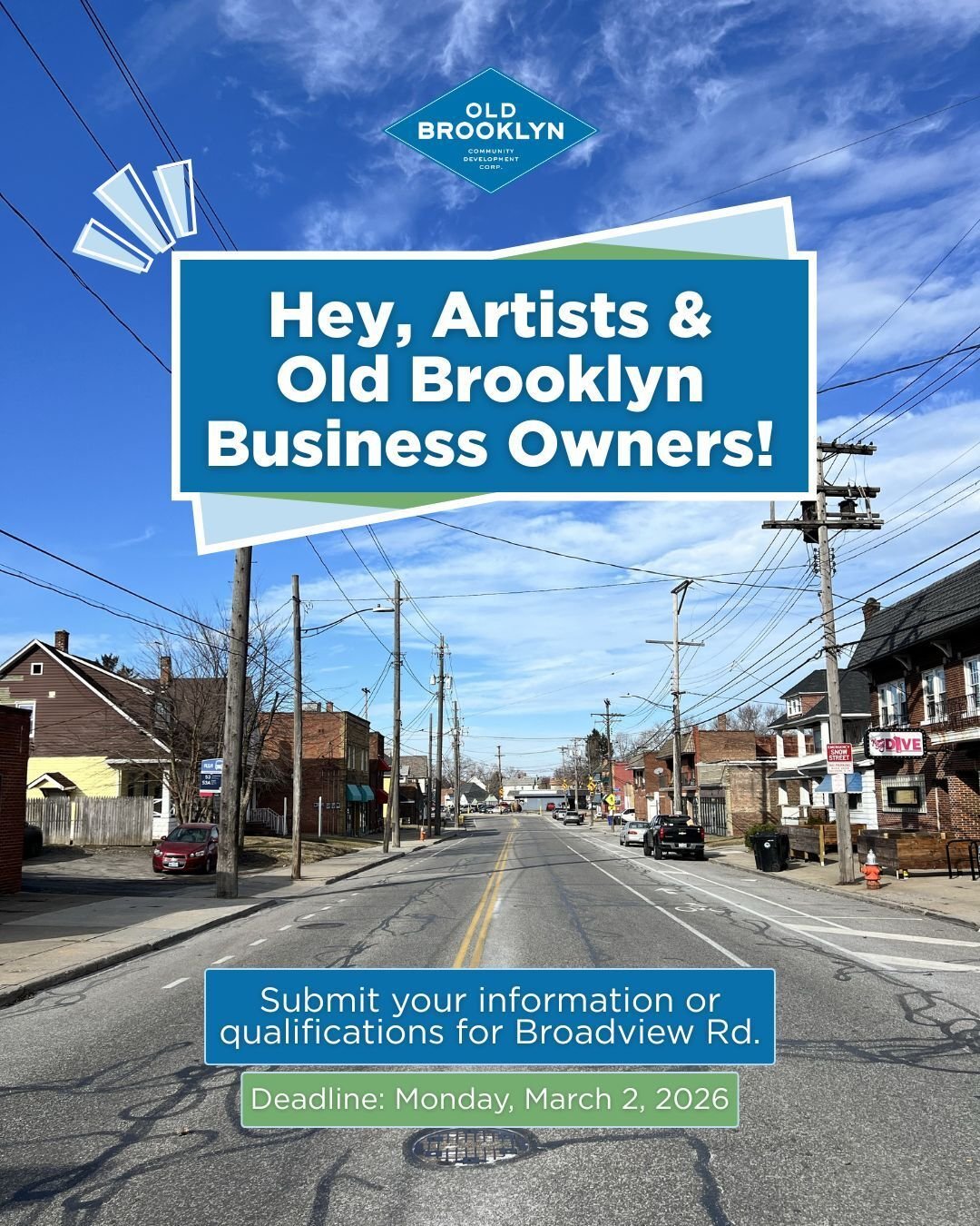 📣 DON'T FORGET: Old Brooklyn CDC has two request opportunities for external murals on Broadview Road open until Monday, March 2.

We're looking for:
🏢 Old Brooklyn Commercial property owners along Broadview Road who are interested in hosting an ext