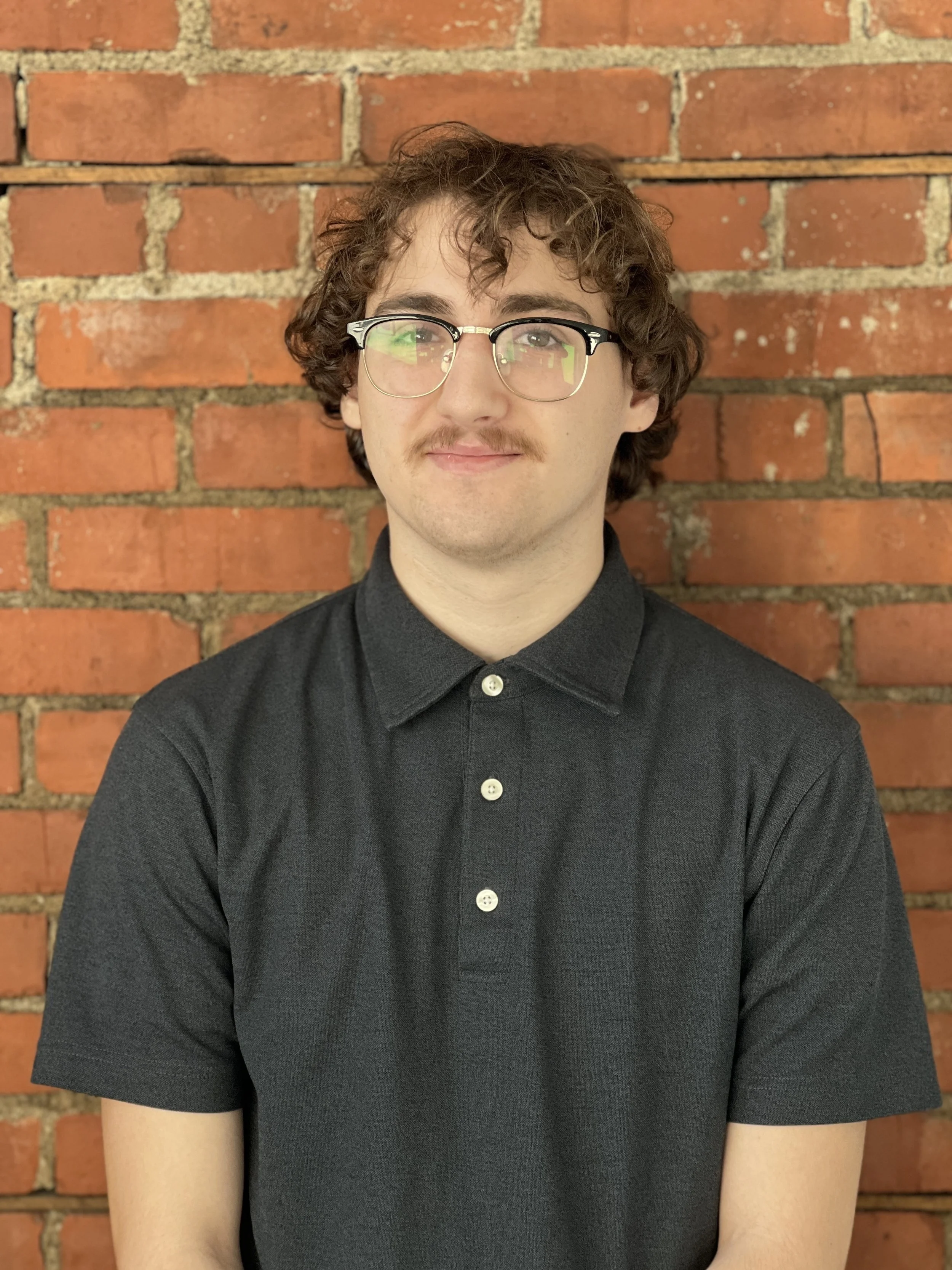 A young man with curly brown hair, glasses, and a light mustache, wearing a black polo shirt, standing against a red brick wall.