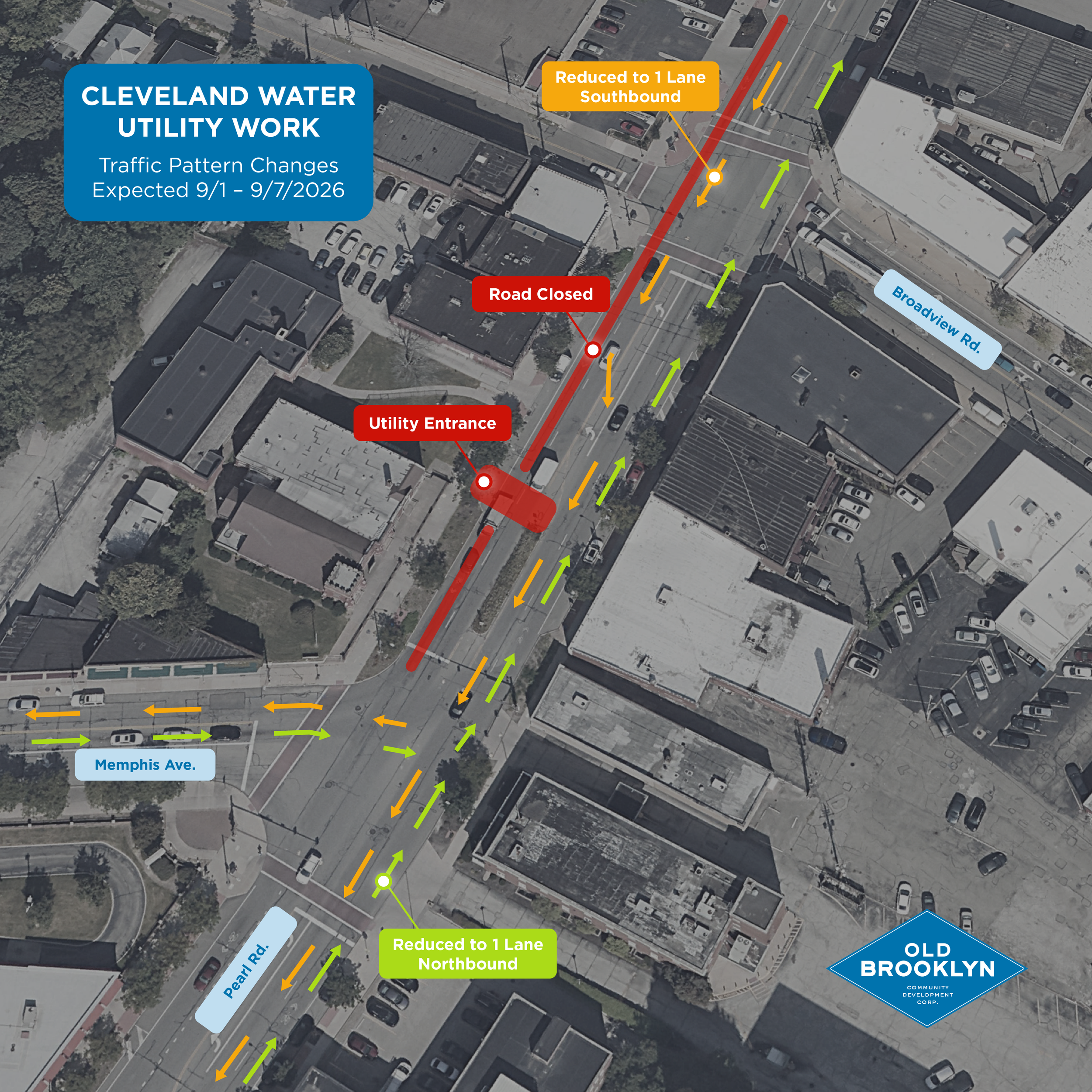 Expected traffic pattern changes during water utility work that will take place 09/01 — 09/07/2026.