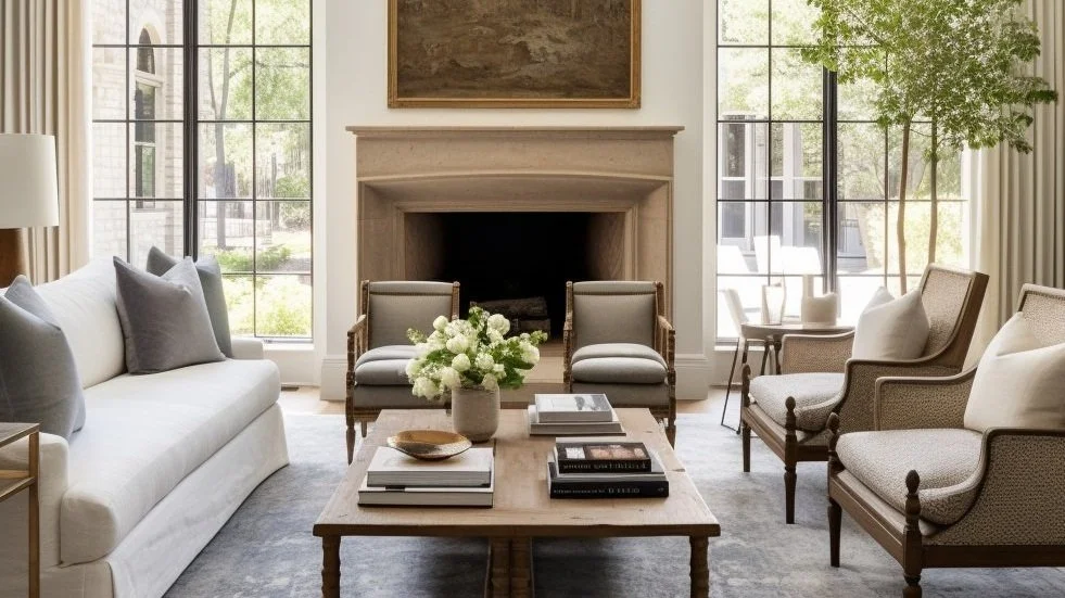 Living room with a fireplace, beige armchairs, a sofa with pillows, a wooden coffee table with books and a flower arrangement, large windows with curtains, and a potted tree.