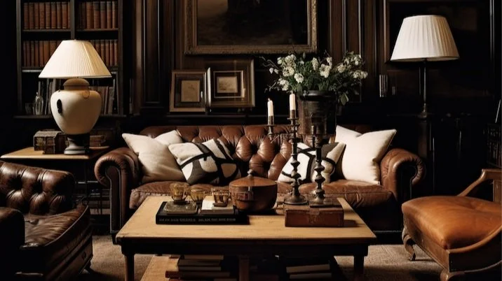 A cozy living room with a brown leather sofa, pillows, a wooden coffee table, and two side tables with lamps. There are decorative items on the table and books underneath, with framed artwork and a large flower arrangement on the dark wood-paneled wa
