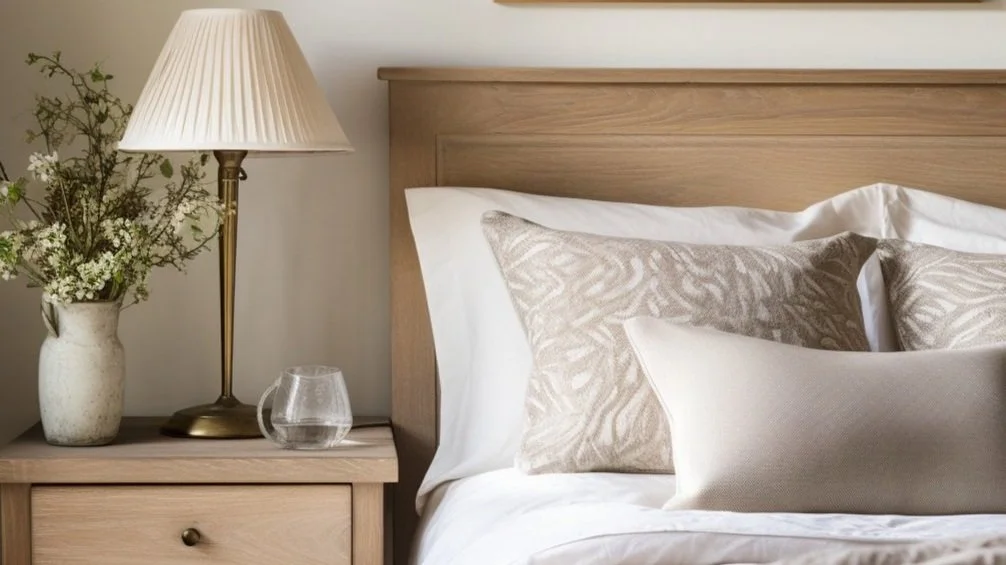 A neatly made bed with white pillows and beige decorative cushions in a bedroom. A wooden headboard and a side table holding a lamp, a vase with flowers, and a glass of water.