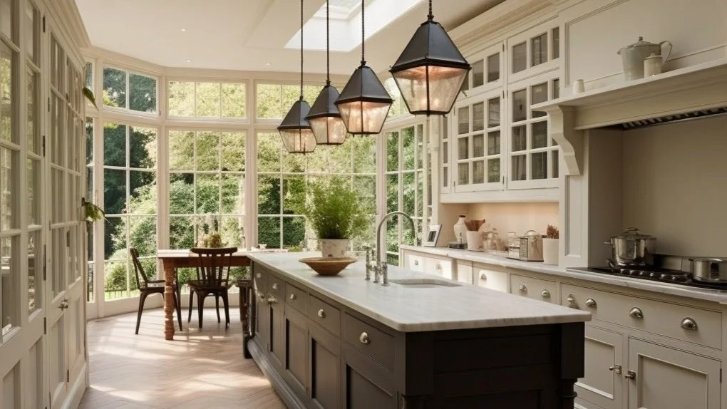 Bright kitchen with large windows, white cabinets, an island with a marble top, and pendant lighting.