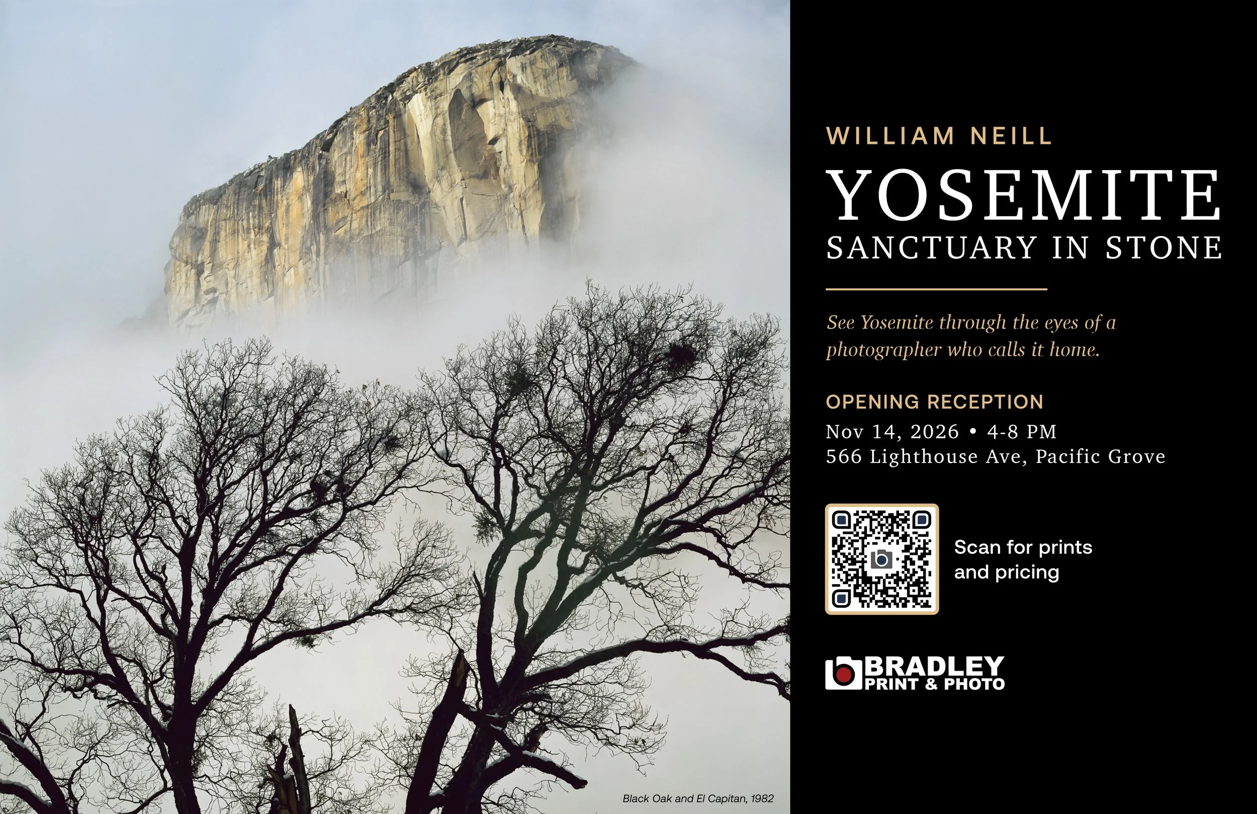 William Neill's Yosemite exhibition featuring El Capitan rising through mist.
