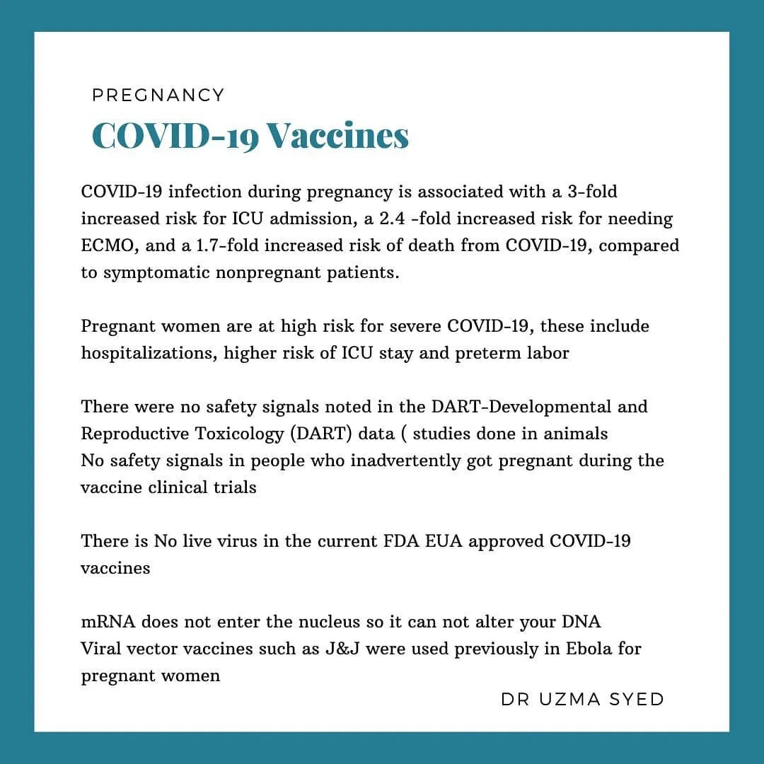 I get asked about pregnancy and CxVID-19 vxccinations frequently. 
.
Wanted to share some data and facts about the safety &amp; efficacy of CxVID-19 Vxccines 
.
We have the privilege of living in a resource rich country where life saving vxccines are