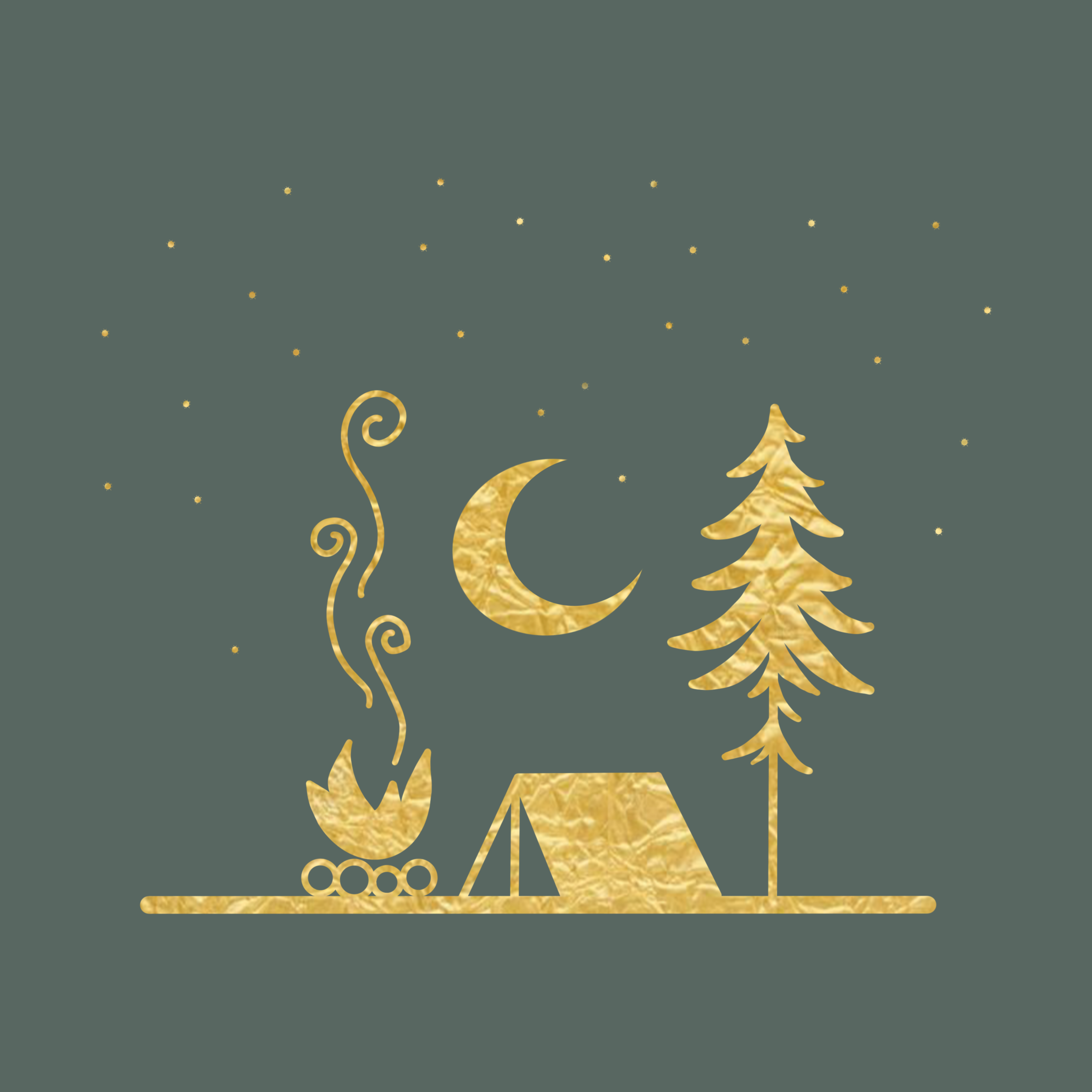 Gold foil campsite on deep green 