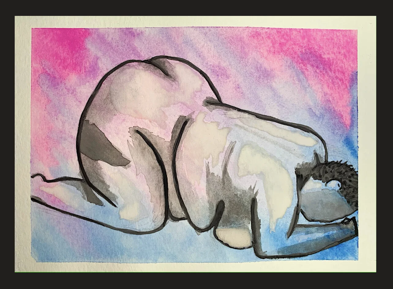 Woman on Knees in Blue & Pink