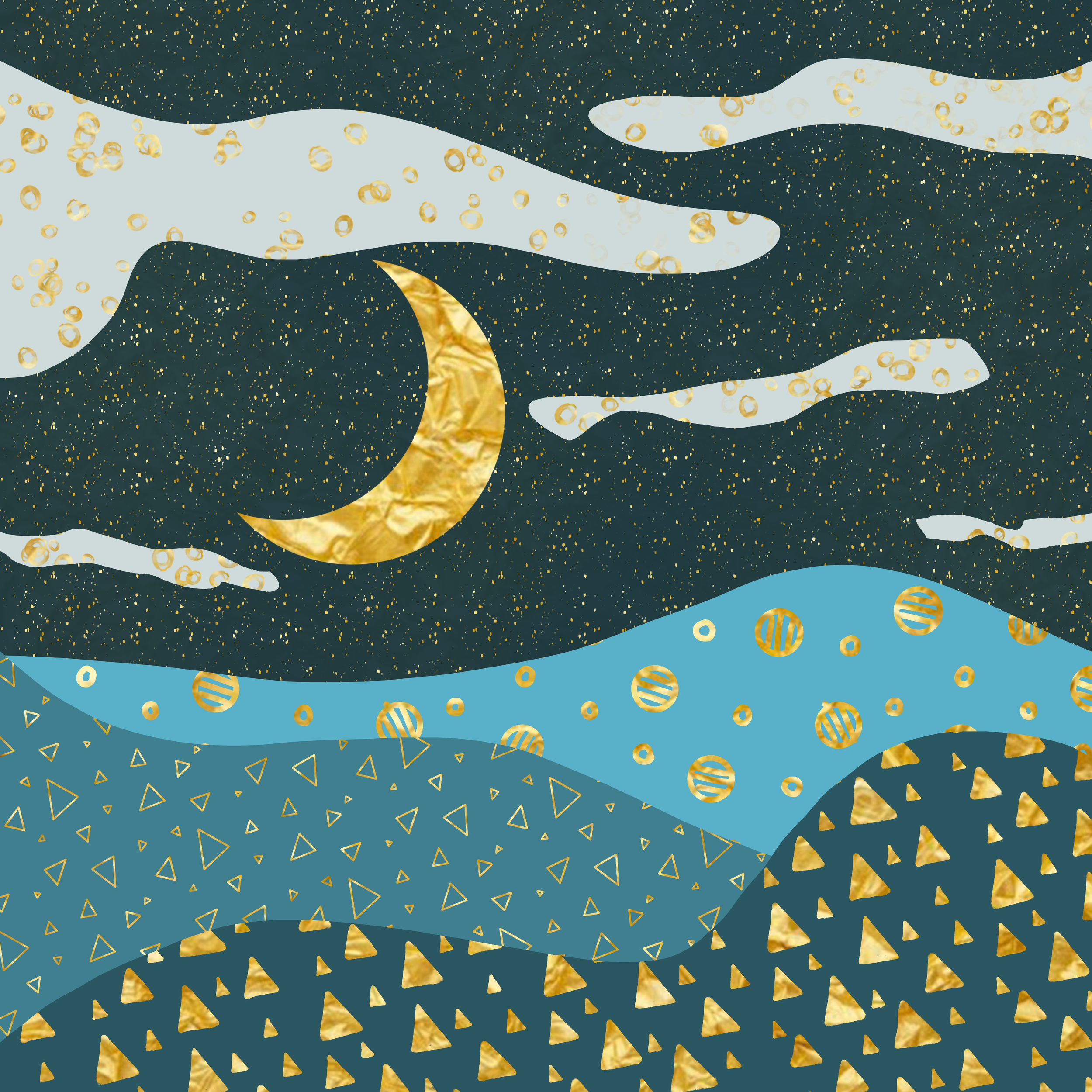 Abstract gold foil moon over hills 