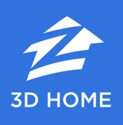 Logo with stylized white three-dimensional house and trees on a blue background, with the text '3D HOME' below.
