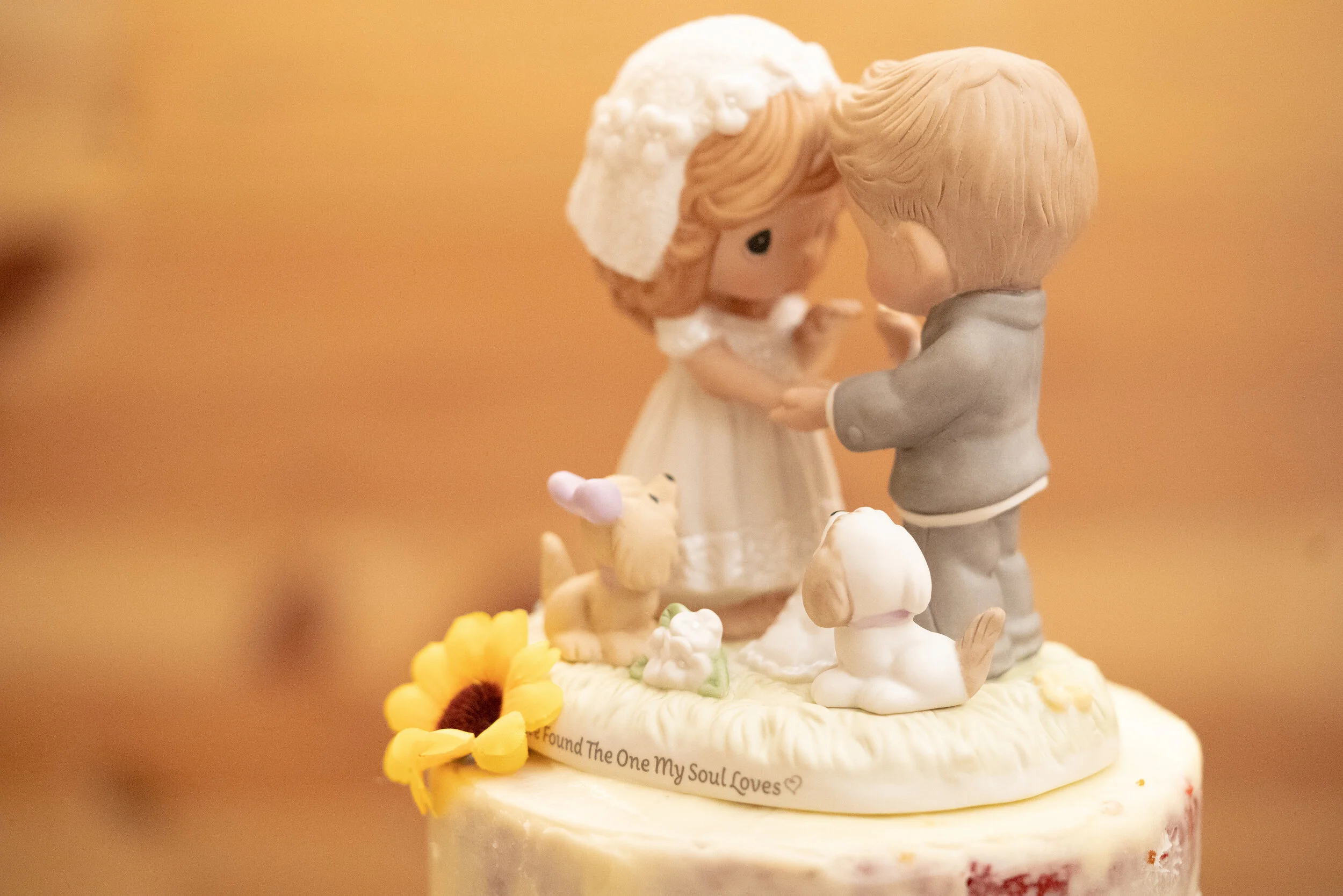 Cake topper with a bride and groom figurine, surrounded by small animals, including a dog, a rabbit, and a mouse, decorated with yellow flowers and the words 'Found The One My Soul Loves' on the base.