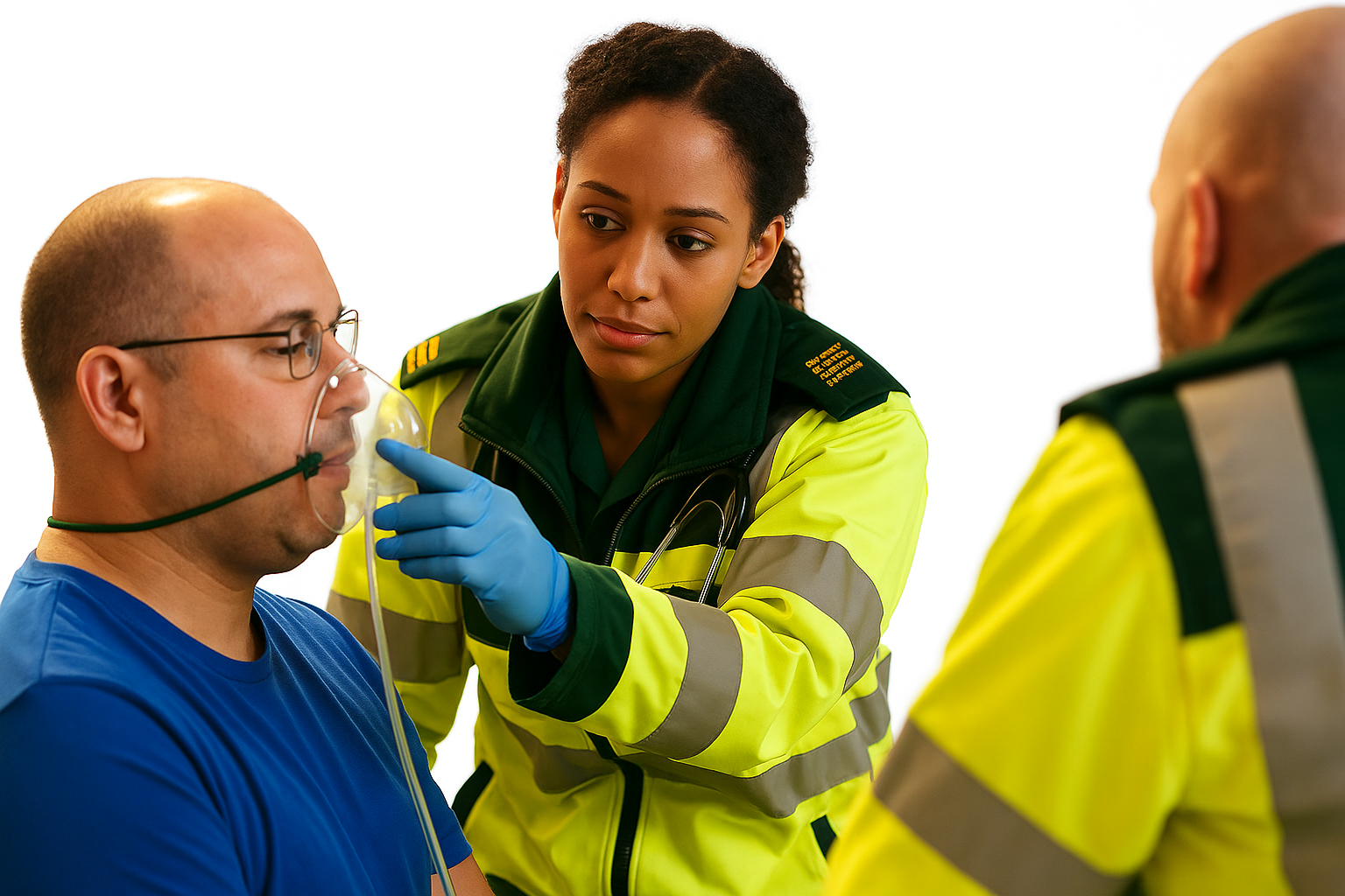 Female paramedic assists a patient with oxygen during practical FREC 3 training in London.
