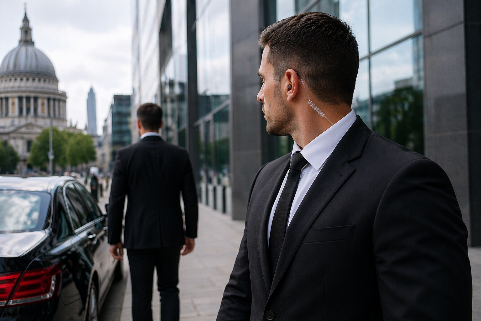 Professional close protection operative in formal attire providing discreet personal security services for high-net-worth individuals, executives, and VIP clients.
