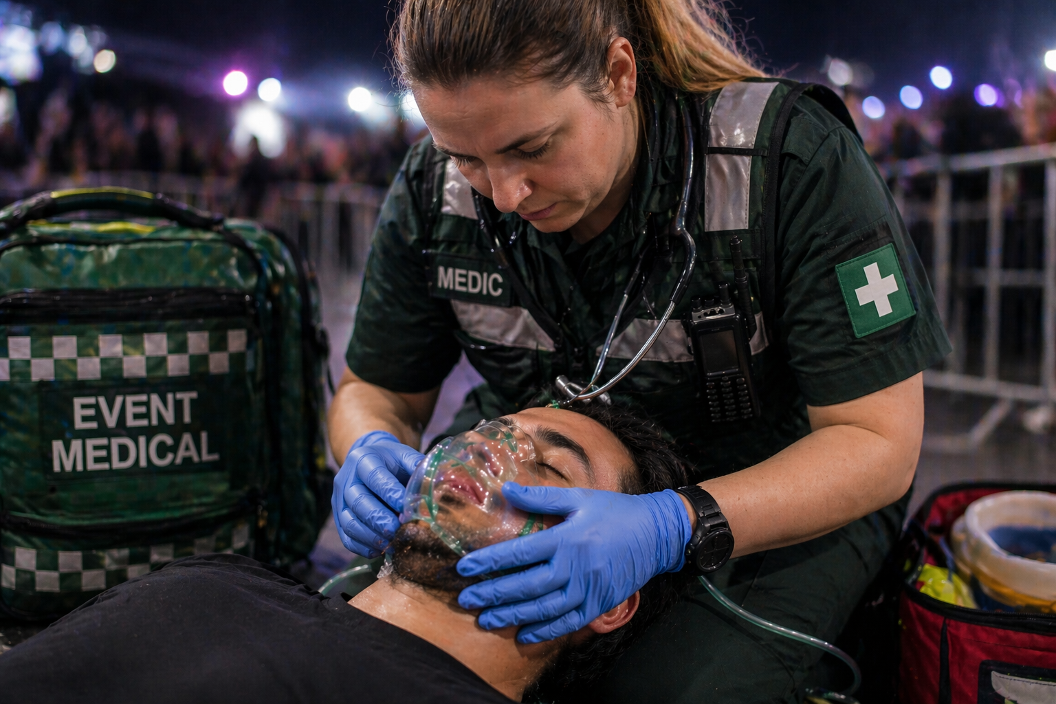 Event medic in London administering oxygen during emergency medical response at an event