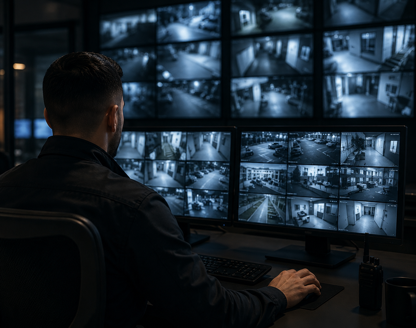Professional CCTV operator monitoring live surveillance cameras in a modern security control room in London.