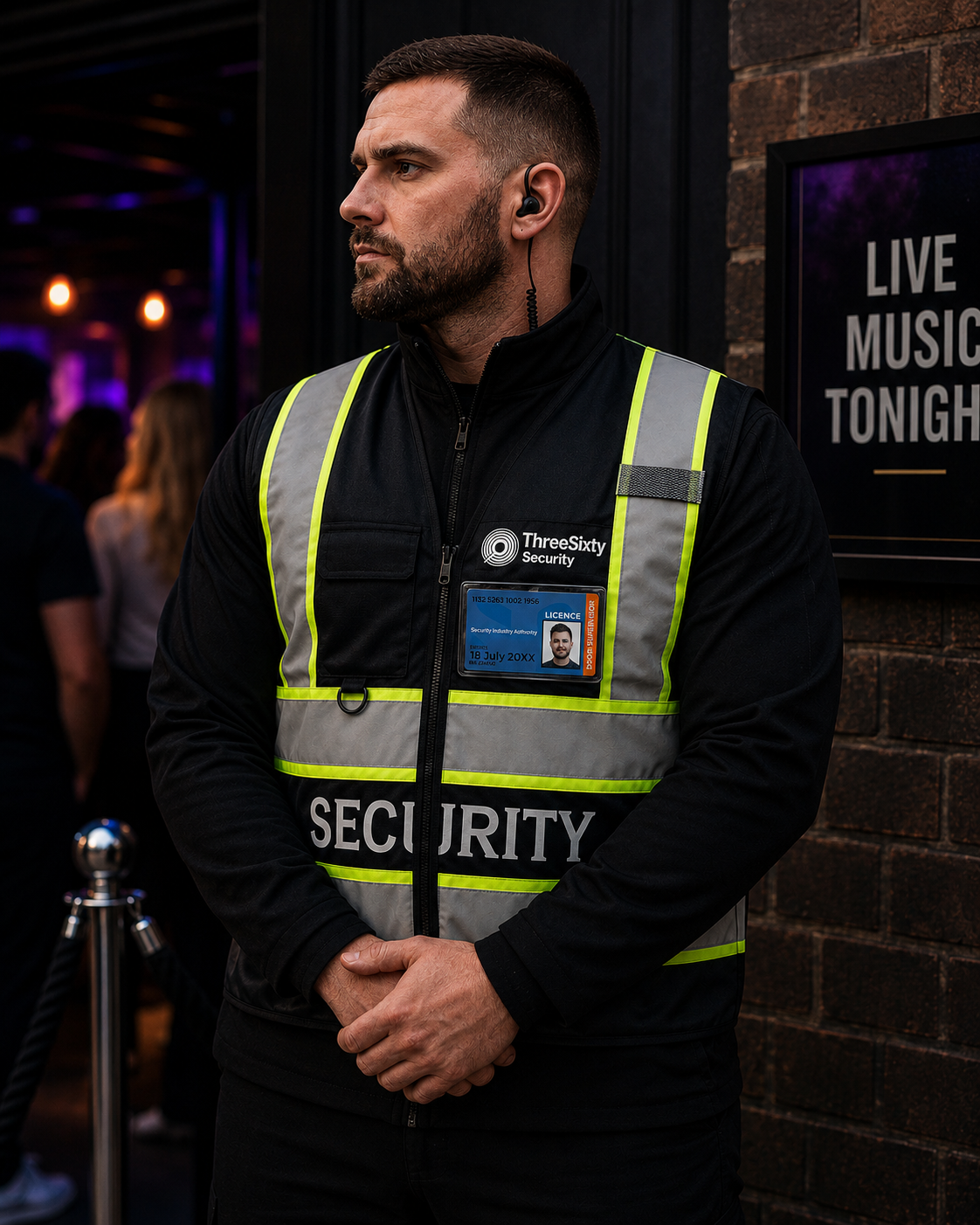 Professional Door Supervisor in London wearing Three Sixty Security high visibility vest outside licensed venue
