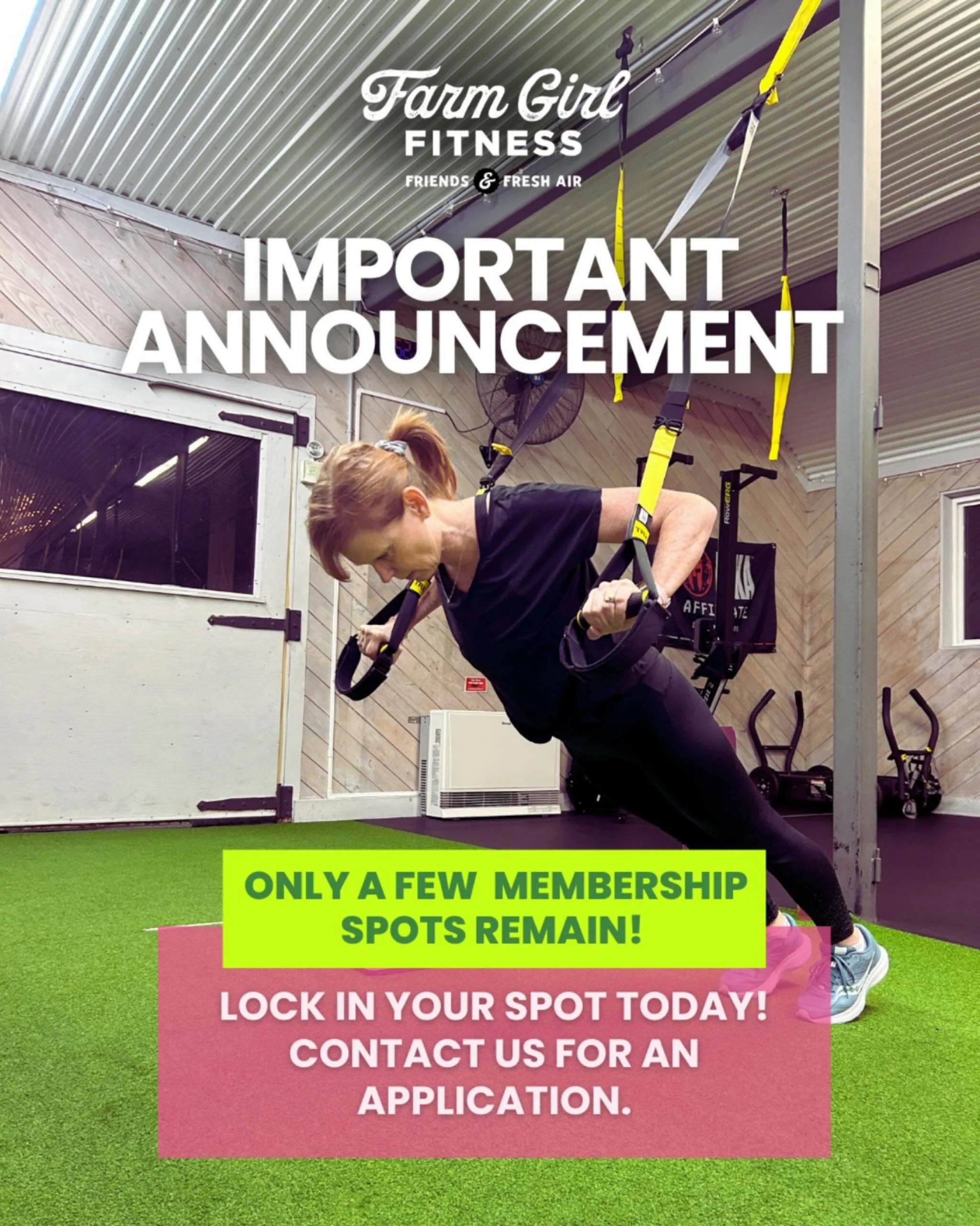 We have limited memberships available at Farm Girl Fitness - WHY?

Our classes fill quickly and we keep memberships limited so every member gets the support, coaching, and community they deserve. Once membership closes, we will not be accepting new m