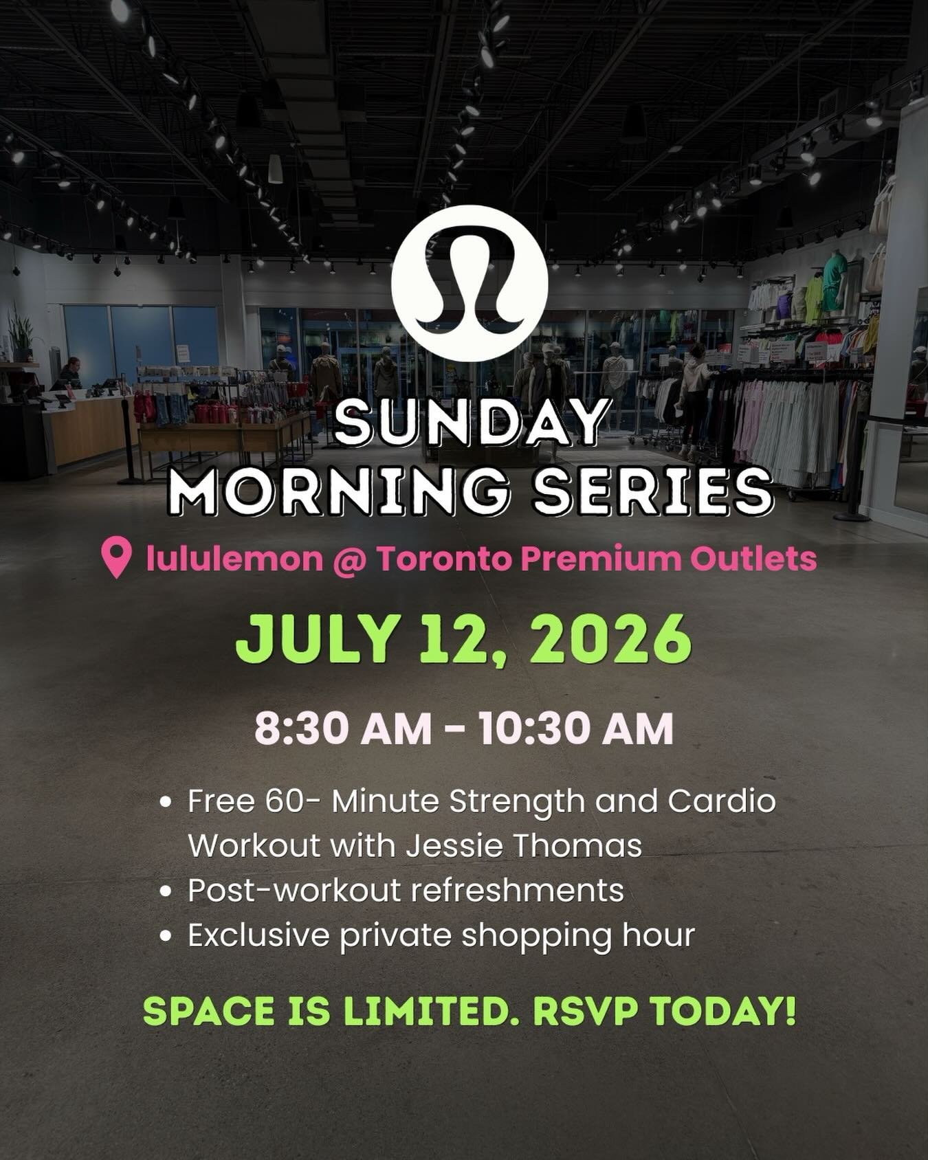 Join Jessie once again at lululemon Toronto Premium outlet for a FREE 60 minute strength and cardio class that brings the energy with a HIIT-style format using short bursts of work and plenty of opportunities to reset. Everyone is welcome!

You&rsquo