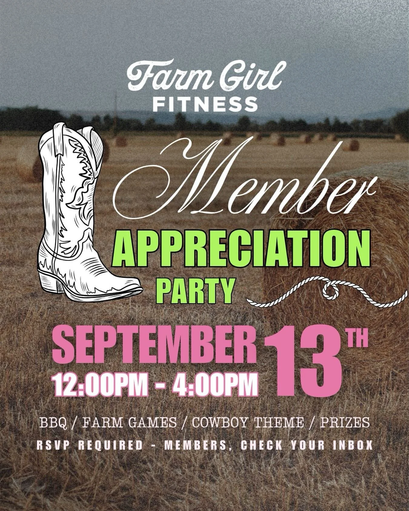 🤠 YEEHAW! IT&rsquo;S TIME TO CELEBRATE YOU.

Our annual Member Appreciation Party is back, and we&rsquo;re bringing the cowboy theme back with it!

Members are invited to join us for an afternoon at the farm dedicated to the people who make Farm Gir