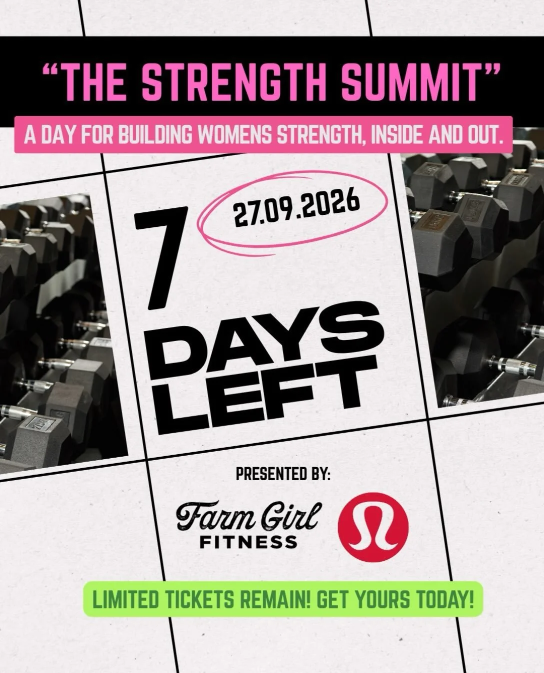 One week to go! Do you have your ticket yet?

In just 7 days, we&rsquo;ll be gathering at the farm for The Strength Summit.
1 day. 4 incredible women speakers. 

Movement. Education. Honest conversations. Community. And a whole lot of strength.

But 