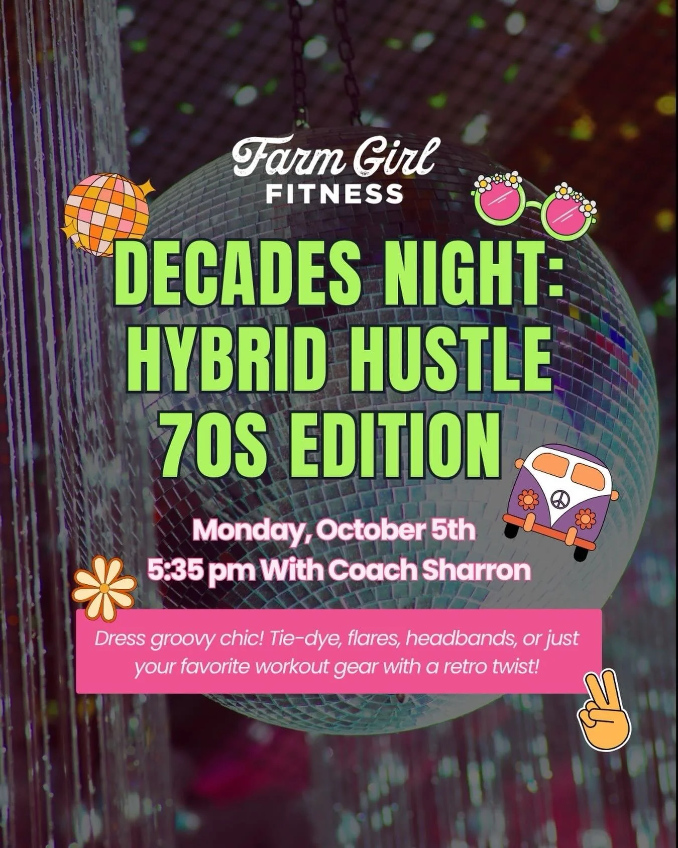 We&rsquo;re taking it back to the 70s for the next Decades Night!

Think disco, good music, a little bit of sweat and a whole lot of fun. Coach Sharon is bringing the 70s to Hybrid Hustle on October 5 at 5:35 PM.

Wear your best 70s-inspired look** a