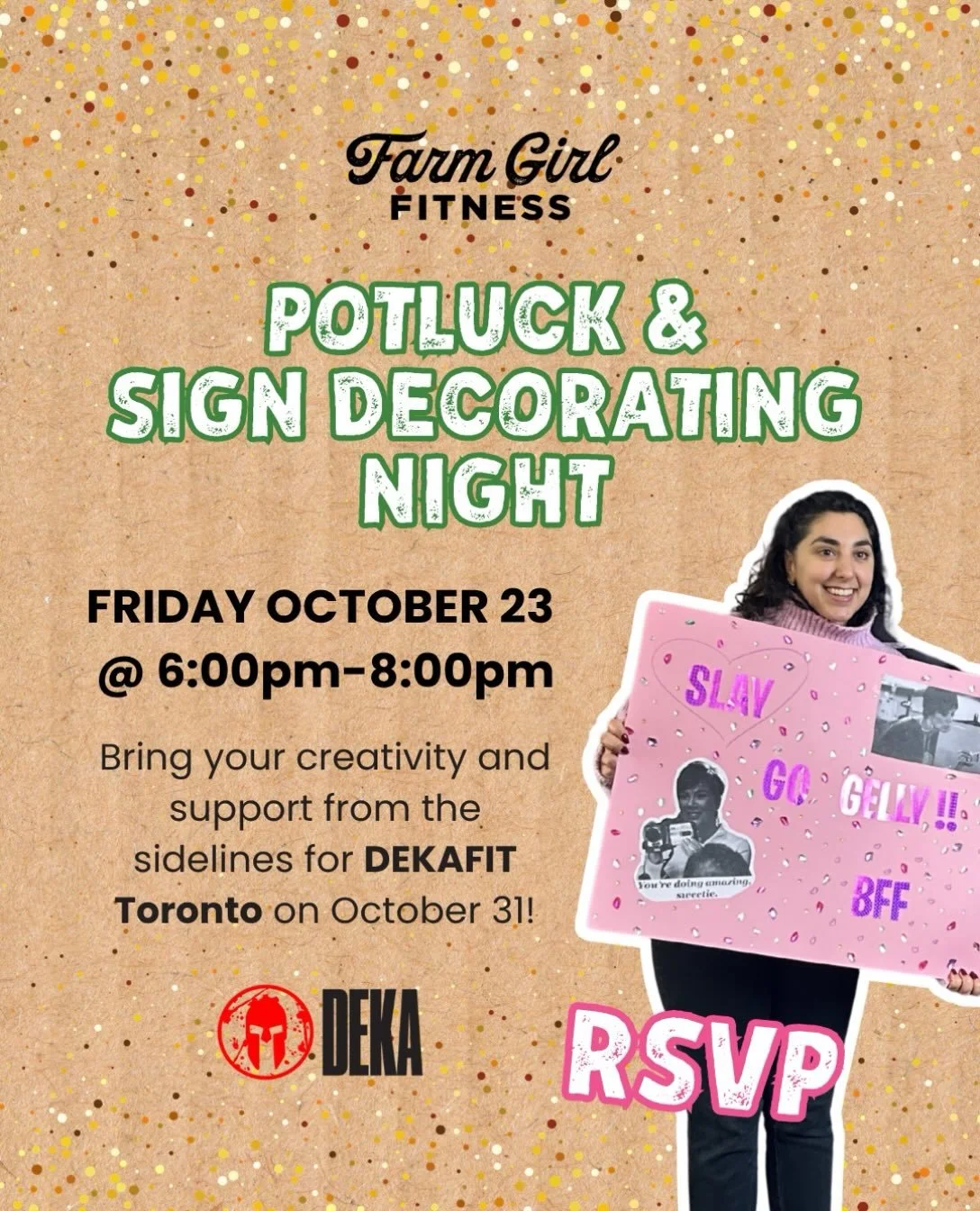 Heading to DEKA FIT Toronto on October 31?
Or have gym friends that are racing that weekend?
Or just want to come hang out for an evening with some good food?

Come hang out with your FGF community, bring a dish to share, and help us make some seriou