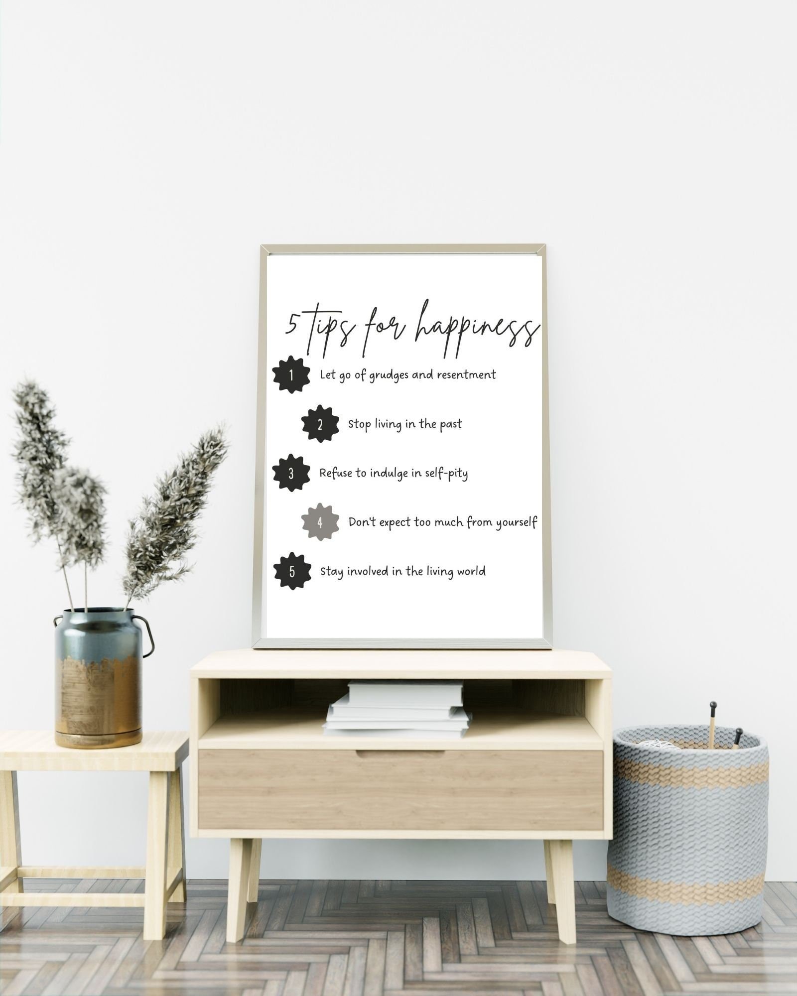 5 Tips For Happiness (White) Print Poster, Therapy/Mental Health/ Office/Wall/Room Decor, Counselor 8x10,11x14,16x20, 18x24,&24x30