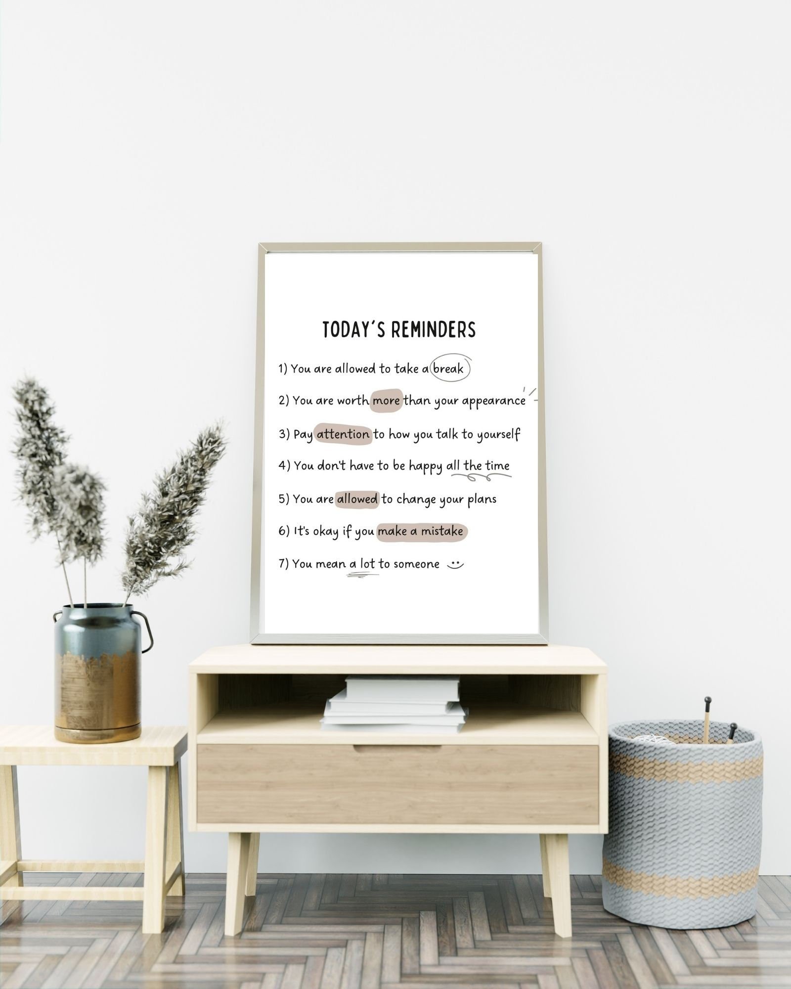 Today's Reminders (White) Print Poster, Therapy/Mental Health/ Office/Wall/Room Decor, Counselor 8x10,11x14,16x20, 18x24,&24x30