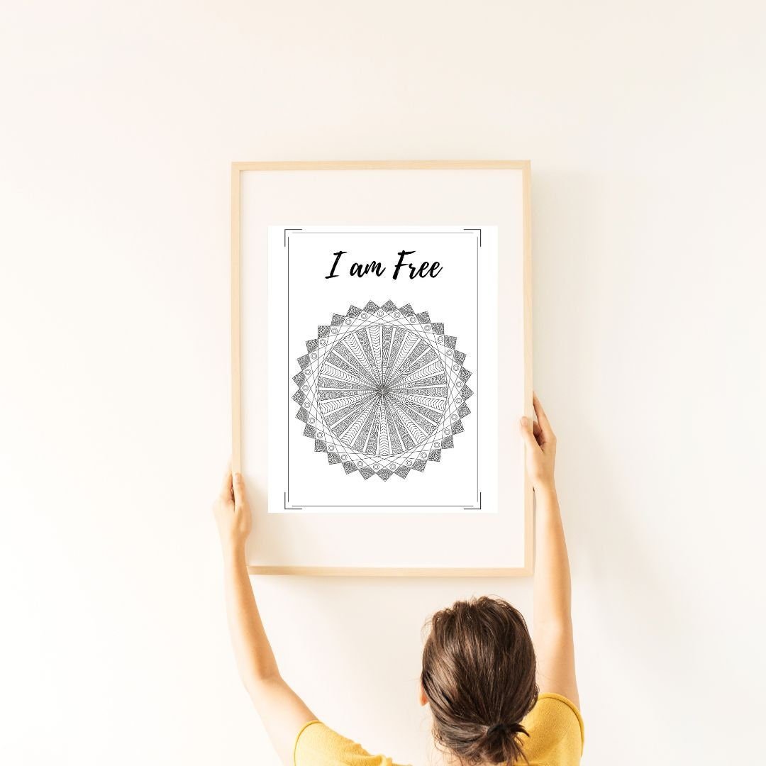 I am Free Quote Mandala Printable Digital Office, Room, Wall Art Decor, Therapist/Counselors/Coach's, Prints for Framing, Colorable