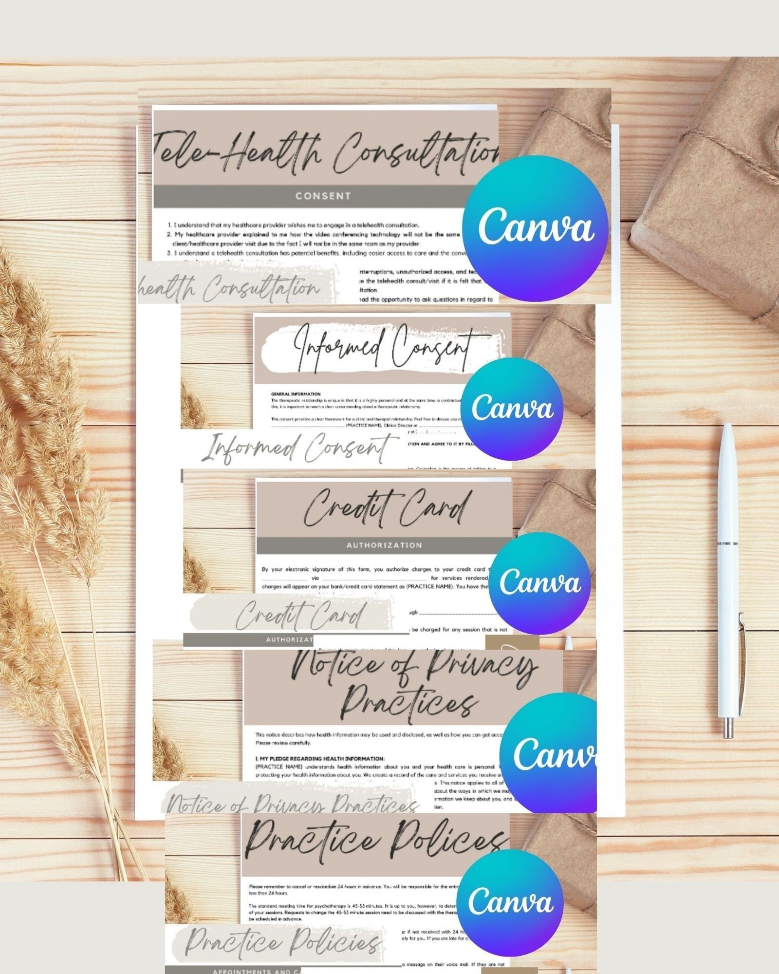 5 Therapy Business Forms (3 options each) Bundle CANVA customizable CONTENT PROVIDED, for Therapists, Counselors, Coaches, Commercial Use