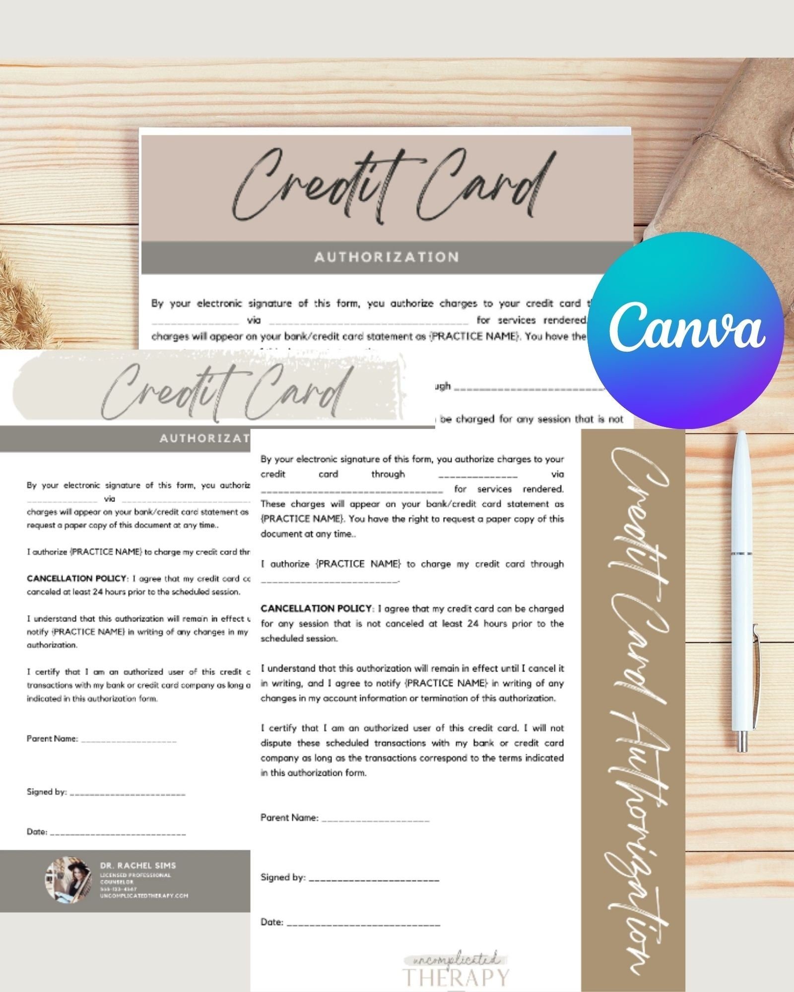 Credit Card Authorization Form, 3 Options CANVA Customizable For Therapists, Counselors, and Coaches Commercial Use