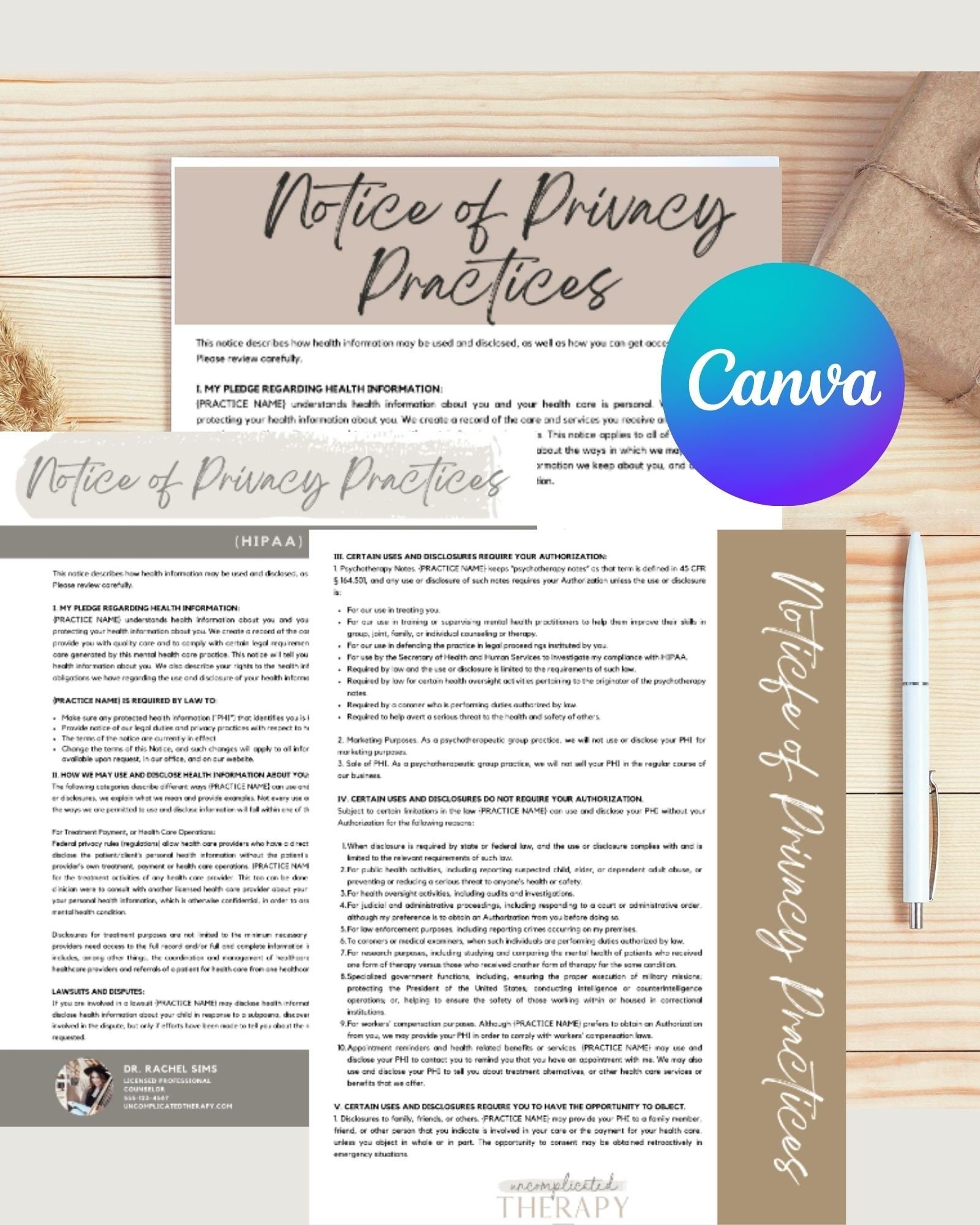 HIPPA Notice of Privacy Practices , 3 Options CANVA Customizable For Therapists, Counselors, and Coaches Commercial Use