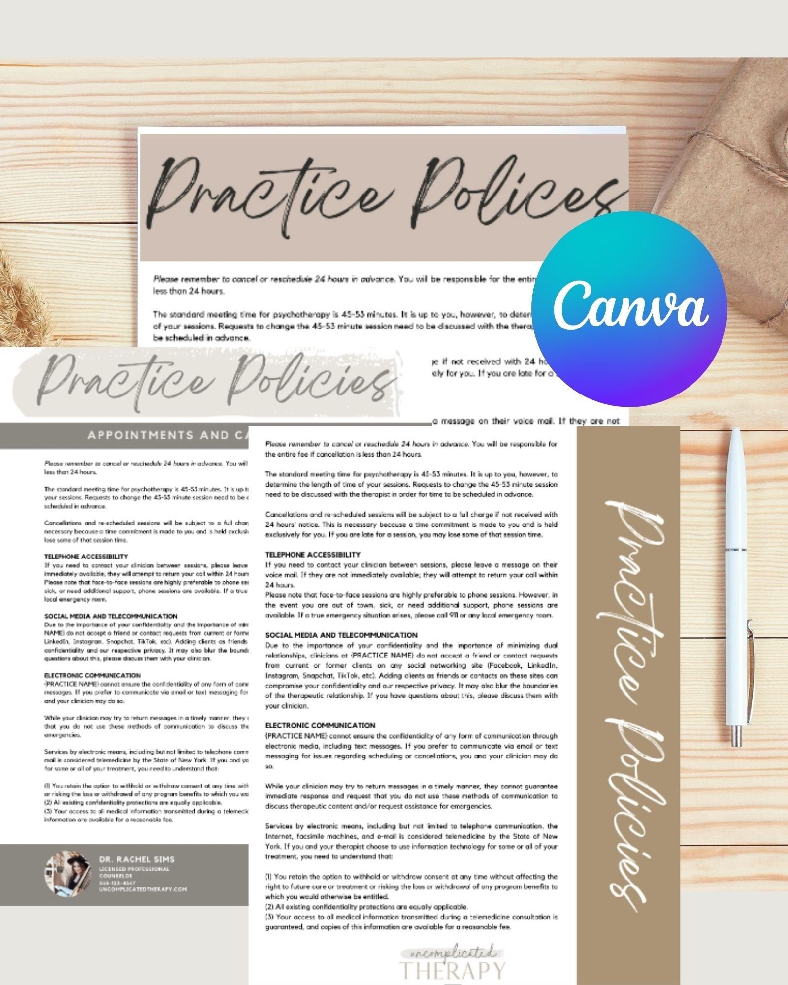 Practice Policies Form, 3 Options CANVA Customizable For Therapists, Counselors, and Coaches COMMERCIAL USE