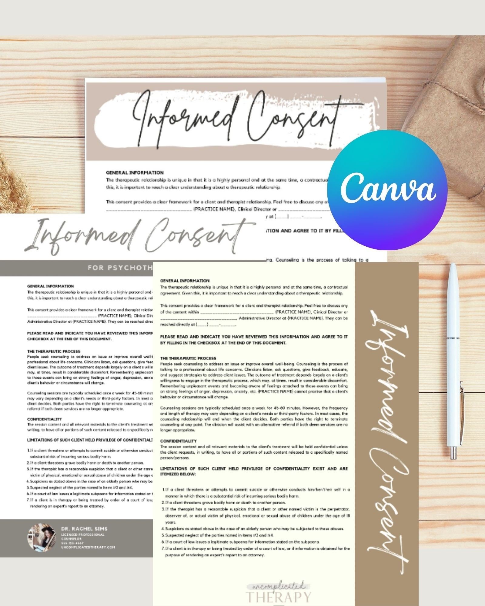 Informed Consent Form, 3 Options CANVA Customizable For Therapists, Counselors, and Coaches COMMERCIAL USE