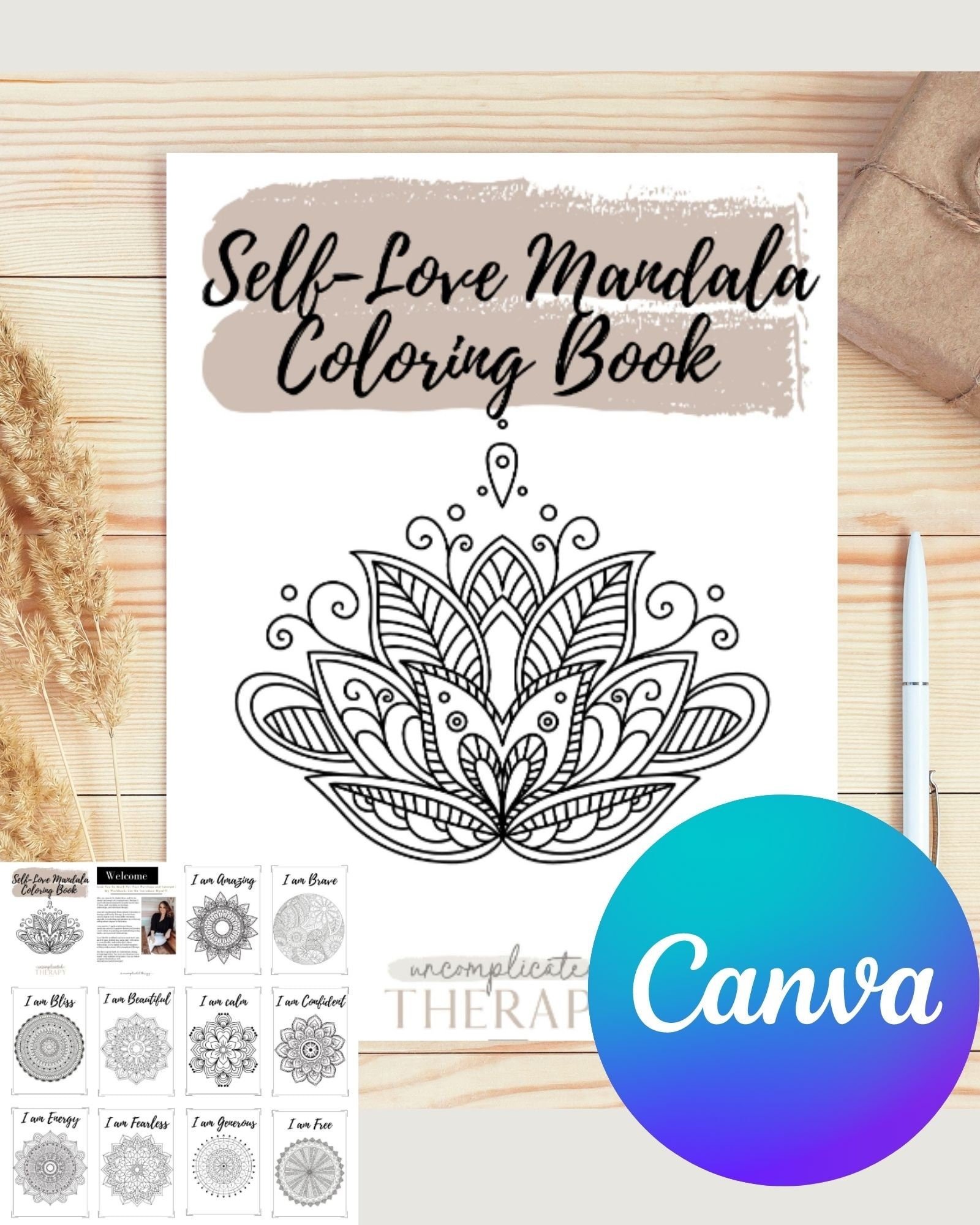 34 Page CANVA Customizable Self-Love Mandala Coloring Book for Anxiety and  For Therapists, Counselors, and Coaches COMMERCIAL USE