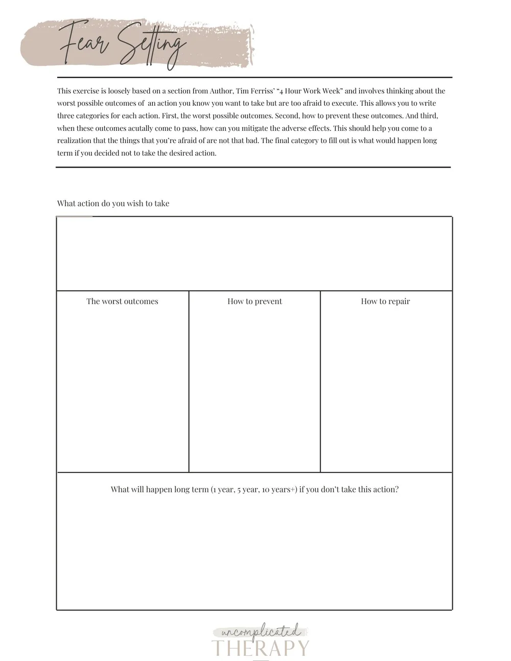 Fear Setting Worksheet For Therapists, Counselors, Coaches & Clients —  Uncomplicated Therapy