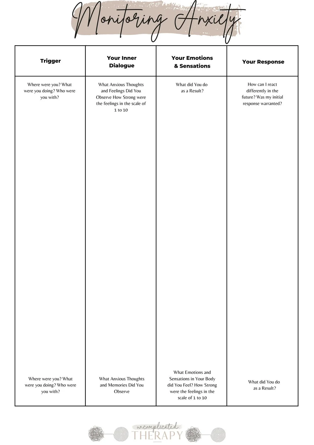 Monitoring Anxiety Worksheets (2) For Therapists, Counselors, & Coaches — Uncomplicated Therapy monitoring-anxiety-worksheets-2-for-therapists-counselors-coaches-uncomplicated-therapy