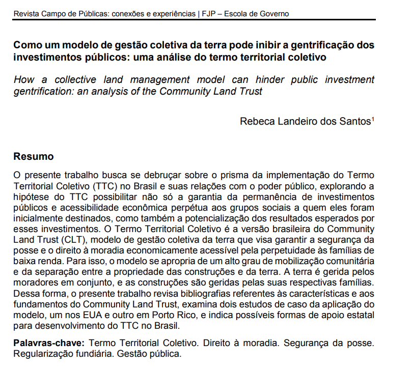 Como um modelo de gestão coletiva da terra pode inibir a gentrificação dos investimentos públicos: uma análise do termo territorial coletivo