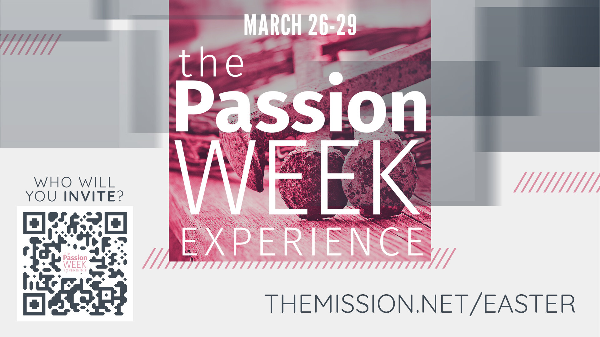 Experience the majesty and mystery of the One who changes everything.

The Passion Week Experience is an interactive devotional encounter with the stations of the cross. Discover the Last Supper, pray in the Garden of Gethsemane, feel the nails and c