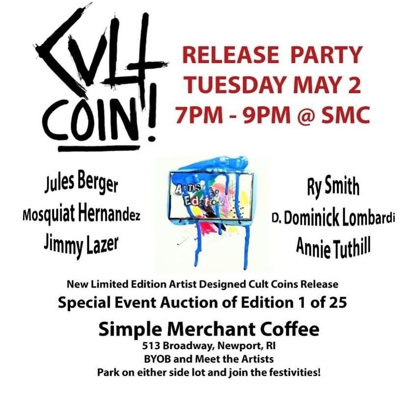 Tuesday night! Come by @simplemerchantcoffee for the release party of the artist&rsquo;s edition of @cvltcoin - one of which was designed by yours truly 🌊✨