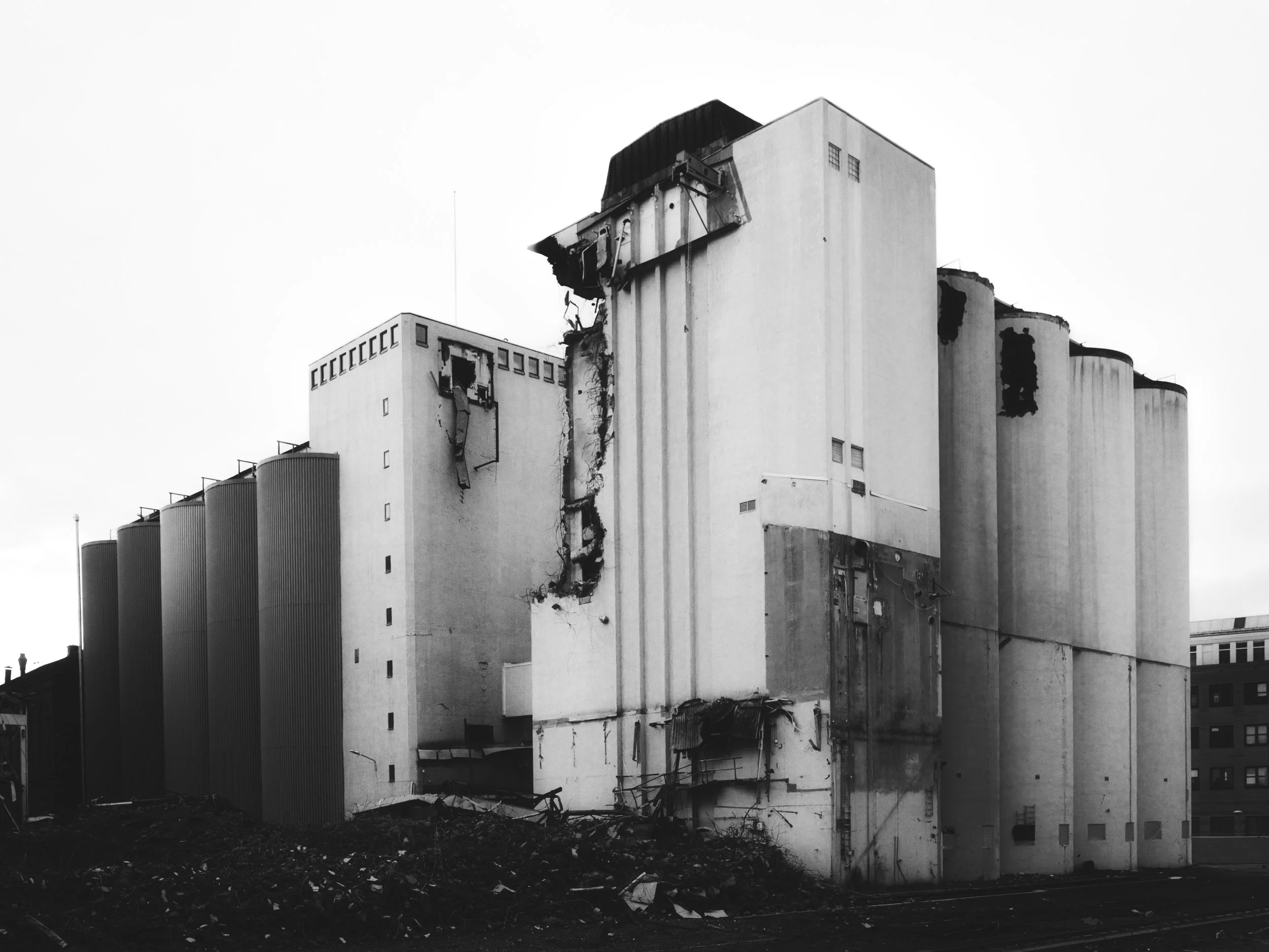 B0018720 White Sky Silo 2 Half Gone Silo 1 Behind