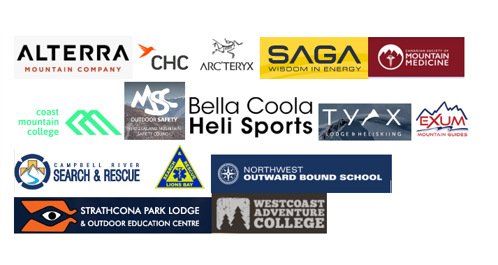 A collection of various logos of outdoor and mountain organizations, including Alterra Mountain Company, CHC, Arc'teryx, SAGA, Canadian Society of Mountain Medicine, Coast Mountain College, MSC Outdoor Safety, Bella Coola Heli Sports, T.Y.X, Exum Mountain Guides, Campbell River Search & Rescue, Northwest Outward Bound School, and Strathcona Park Lodge & Outdoor Education Centre, and Westcoast Adventure College.